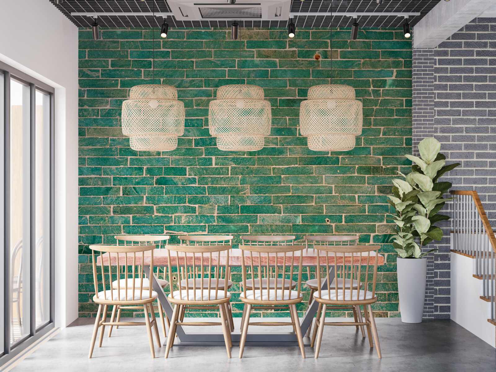 Fotobehang Bakstenen muur groen geschilderd