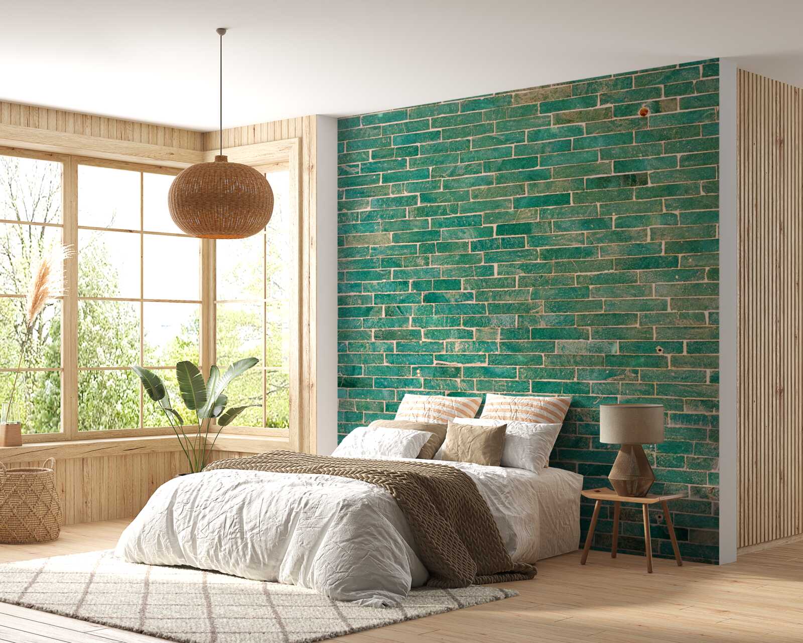 Fotobehang Bakstenen muur groen geschilderd