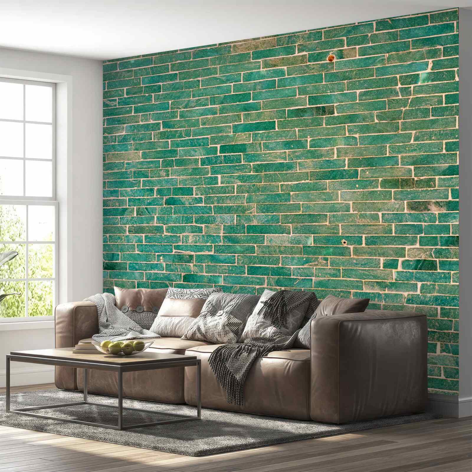 Fotobehang Bakstenen muur groen geschilderd