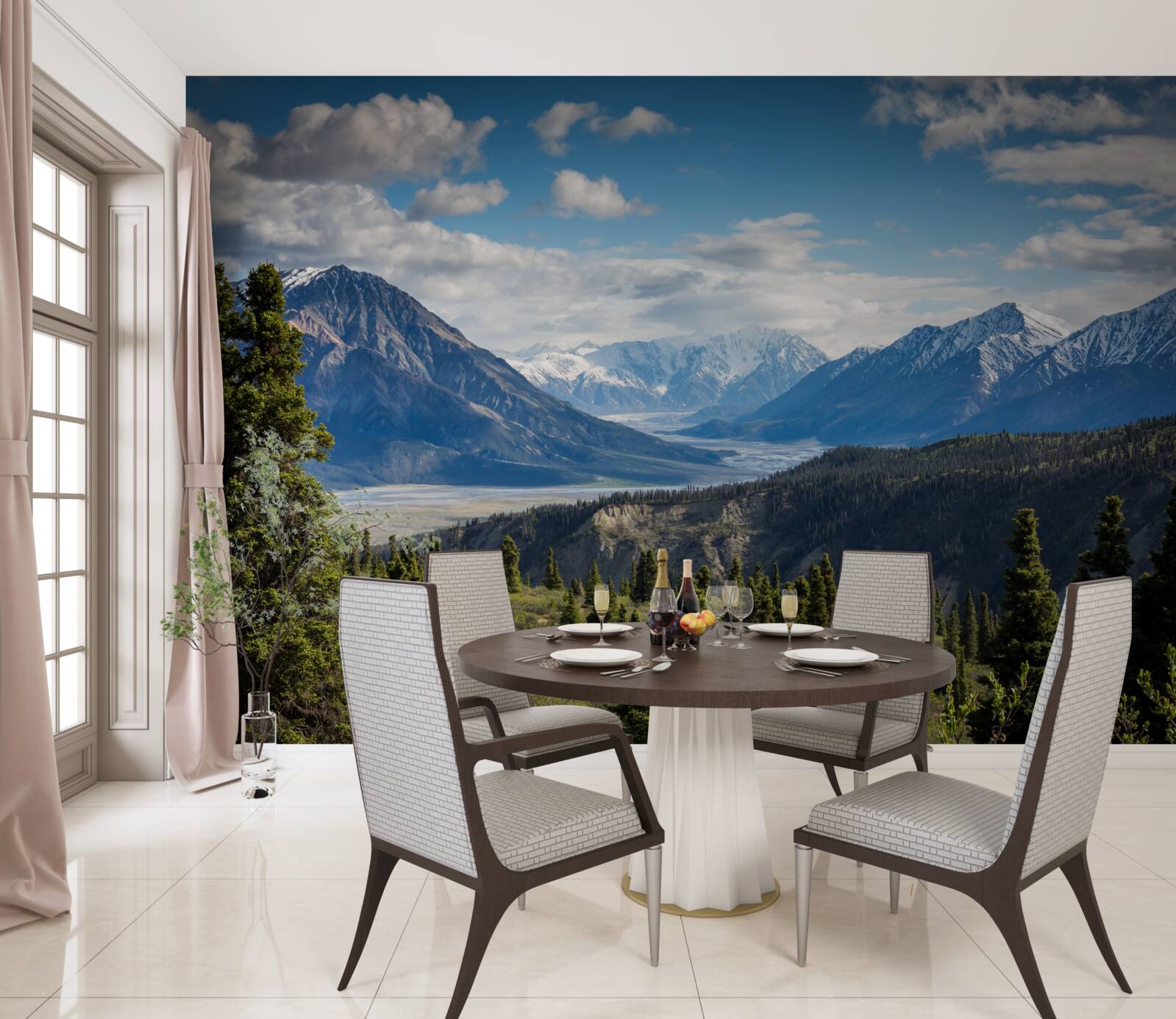 Fotobehang een tak van de bergen met daarop bomen aan de rand van het bos