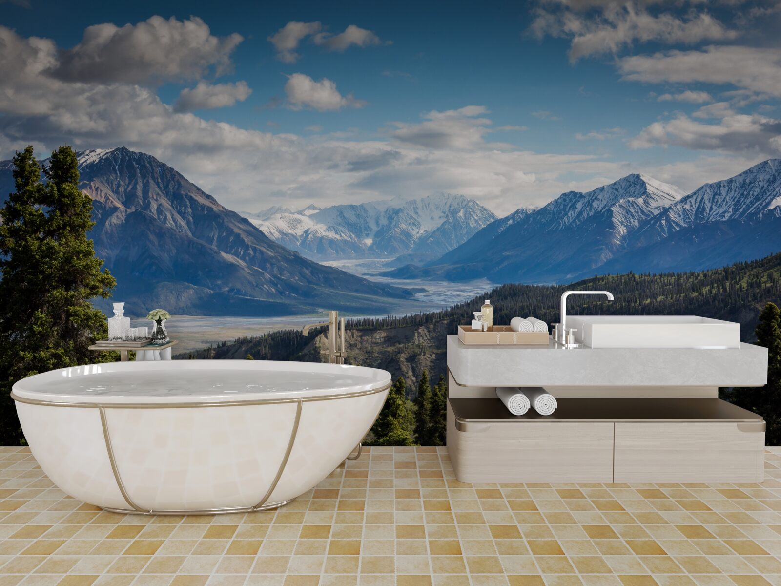 Fotobehang een tak van de bergen met daarop bomen aan de rand van het bos