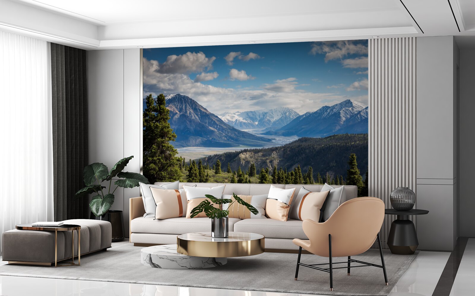 Fotobehang een tak van de bergen met daarop bomen aan de rand van het bos