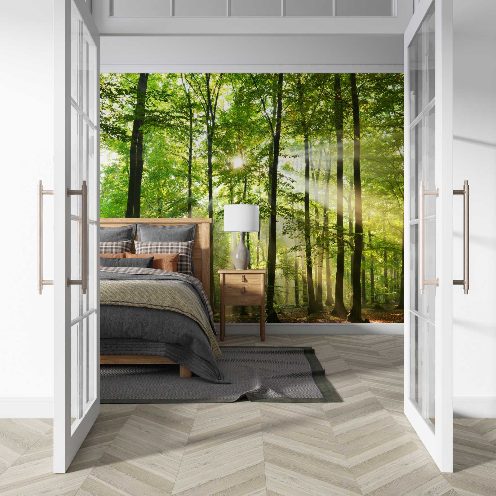 Fotobehang de zonnestralen priemen door het nette groene bos