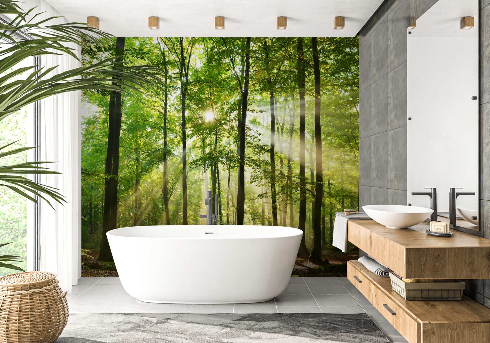 Fotobehang de zonnestralen priemen door het nette groene bos