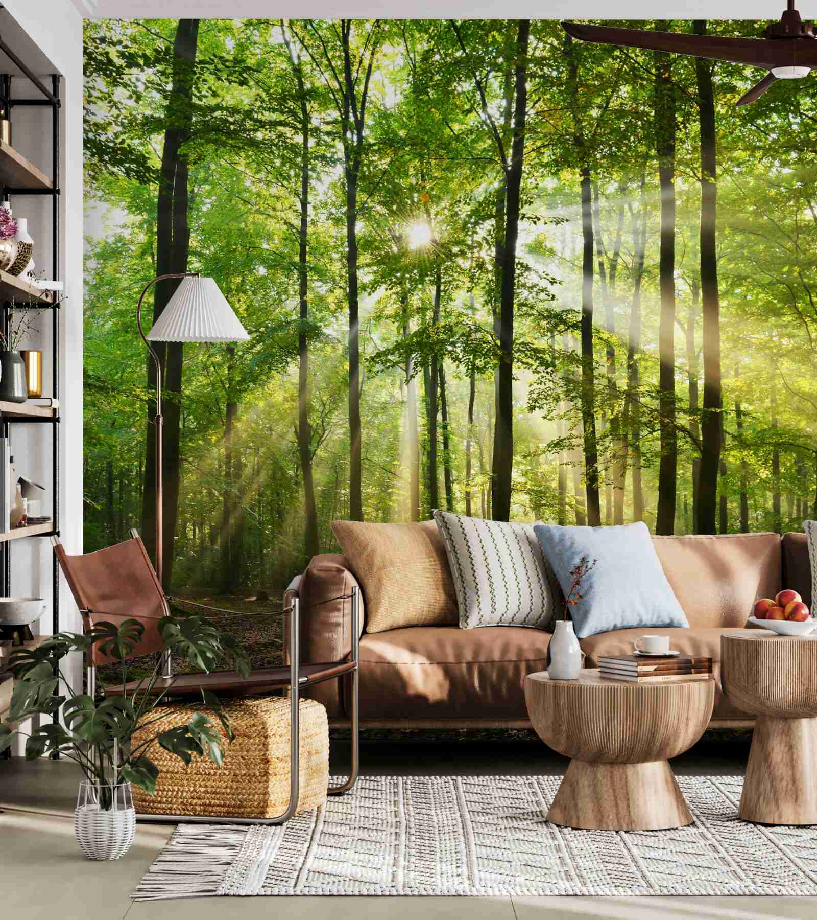 Fotobehang de zonnestralen priemen door het nette groene bos