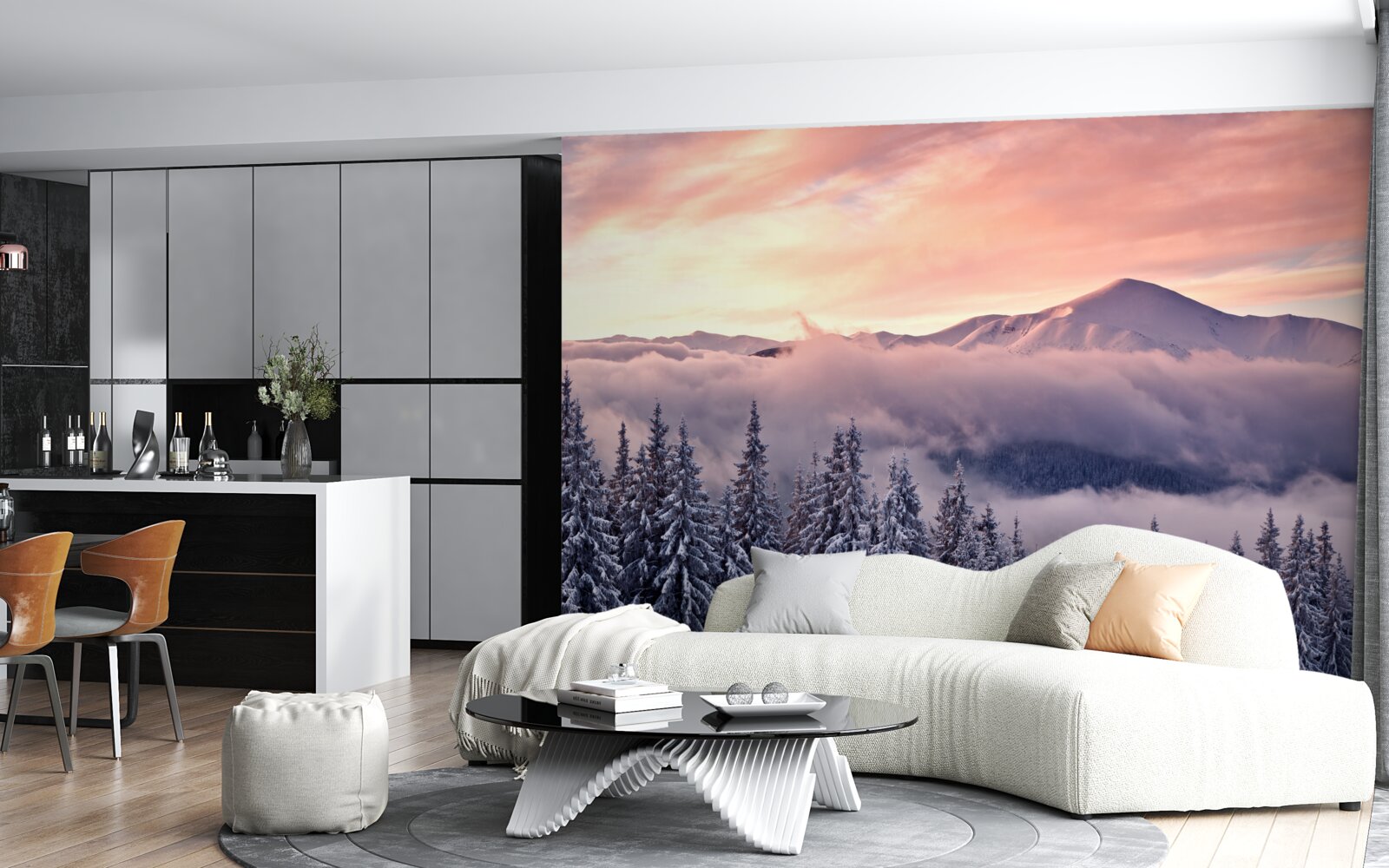 Fotobehang de in mist gehulde zonsondergang in de bergen schildert de ruimte in koele roze tinten