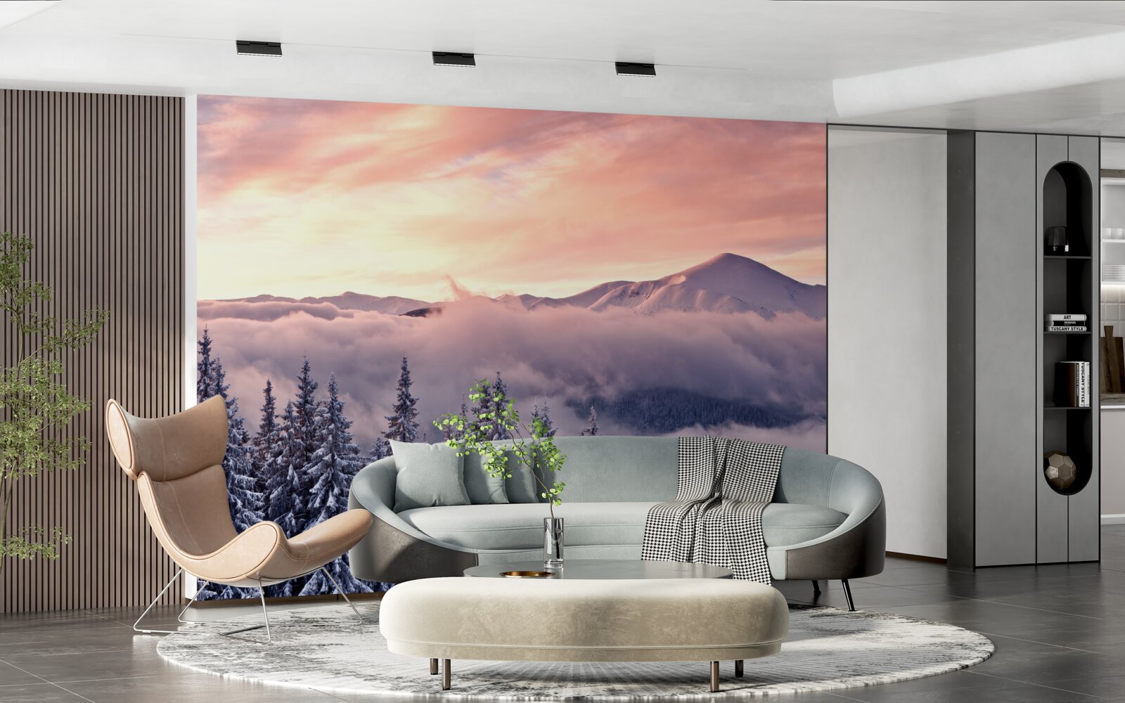 Fotobehang de in mist gehulde zonsondergang in de bergen schildert de ruimte in koele roze tinten