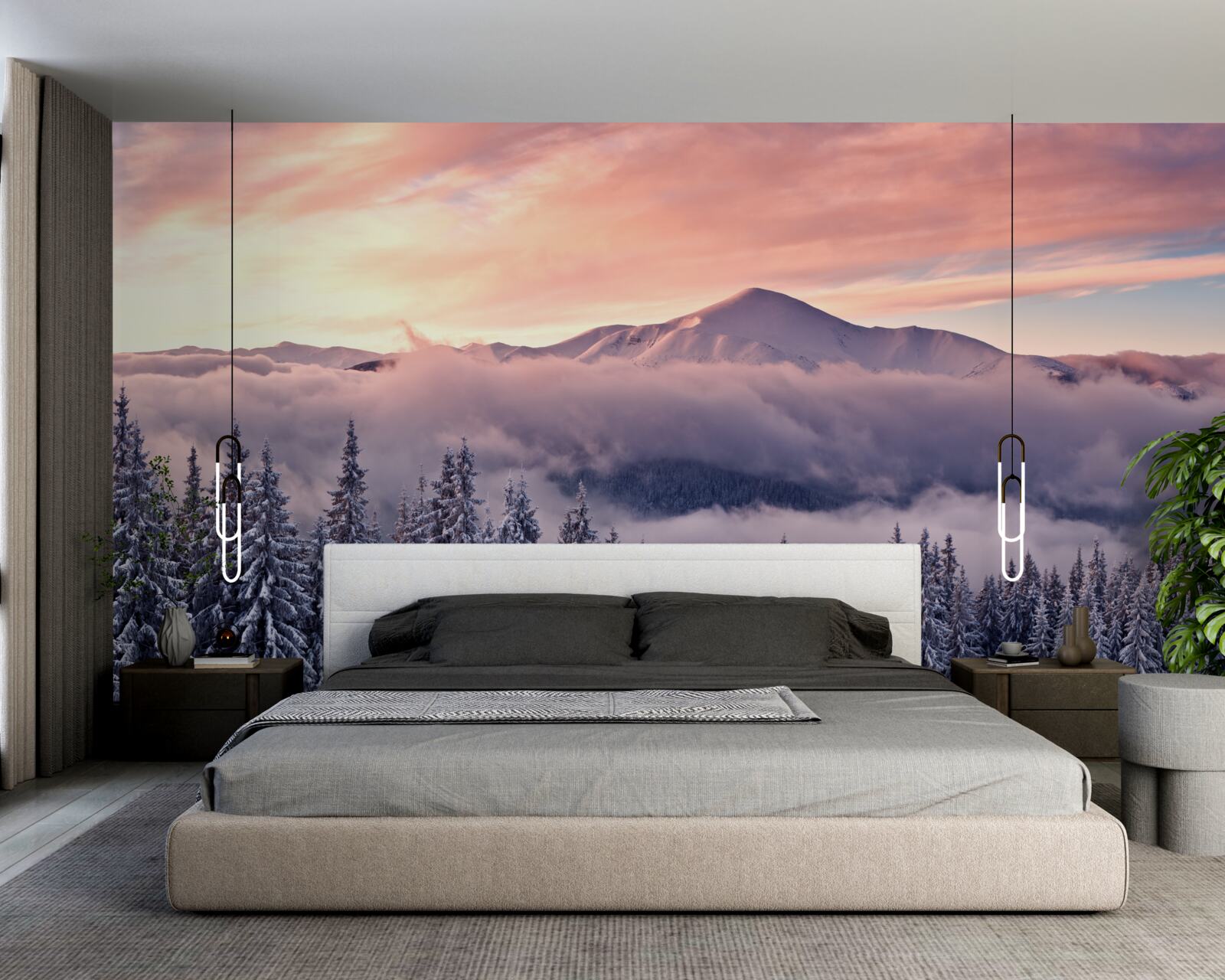 Fotobehang de in mist gehulde zonsondergang in de bergen schildert de ruimte in koele roze tinten