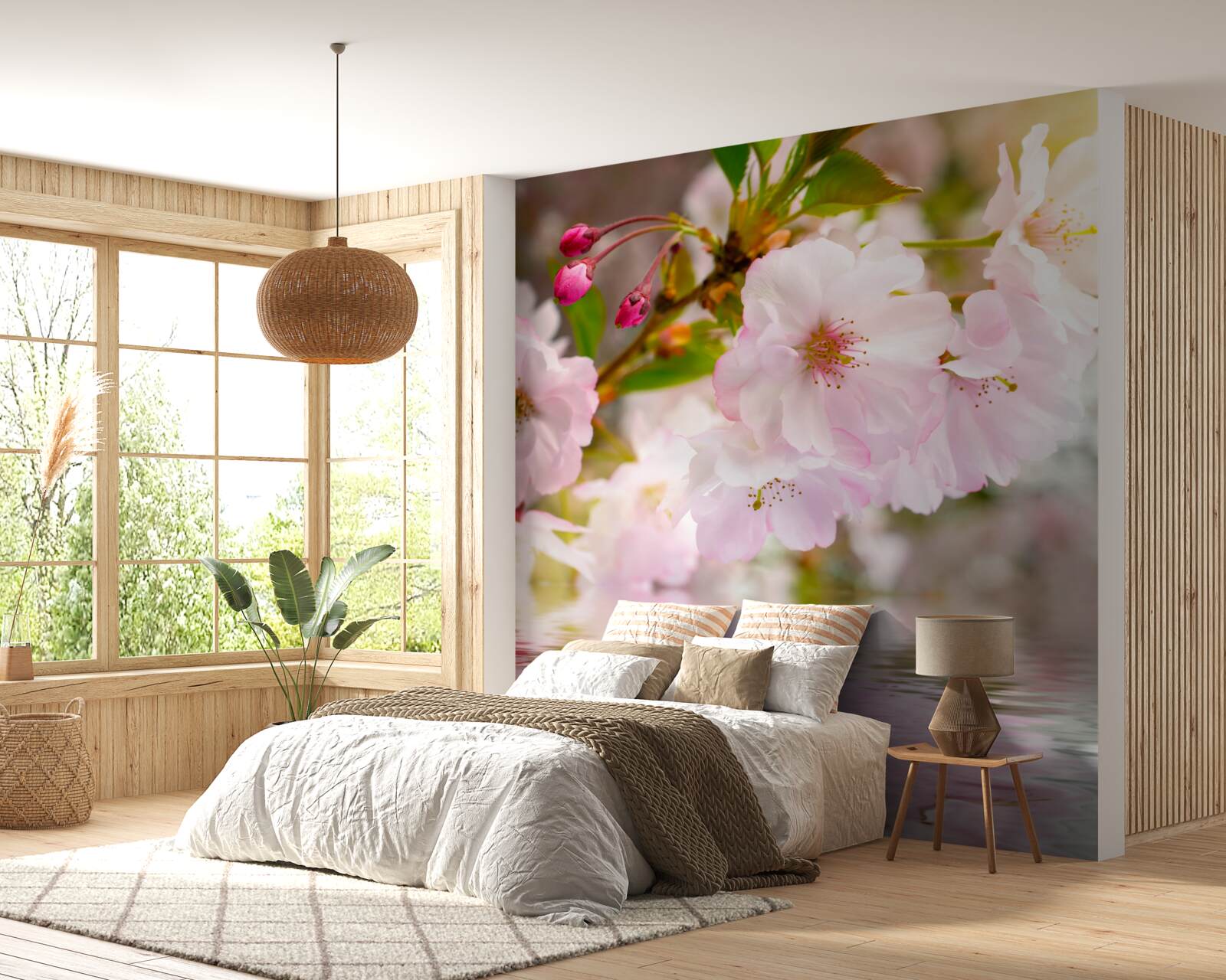 Fotobehang takken van kersenbomen met roze bloesems hangen over het water