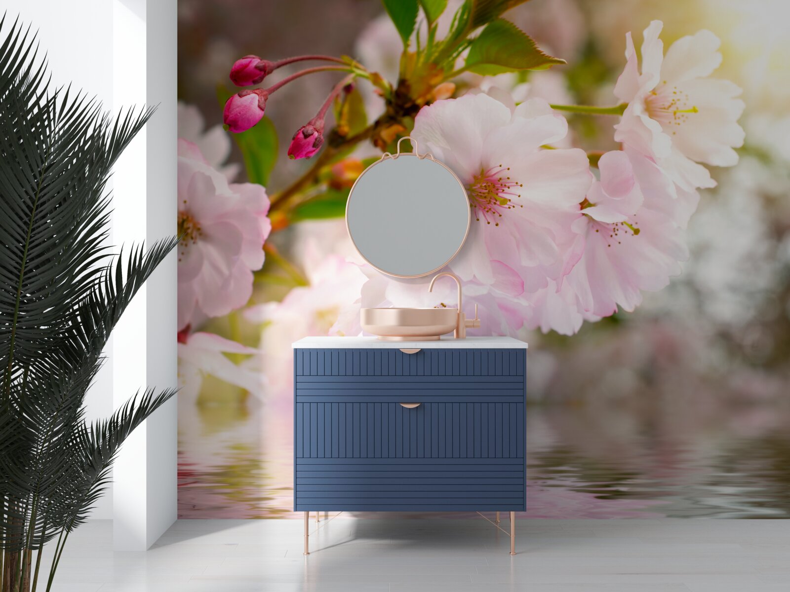 Fotobehang takken van kersenbomen met roze bloesems hangen over het water