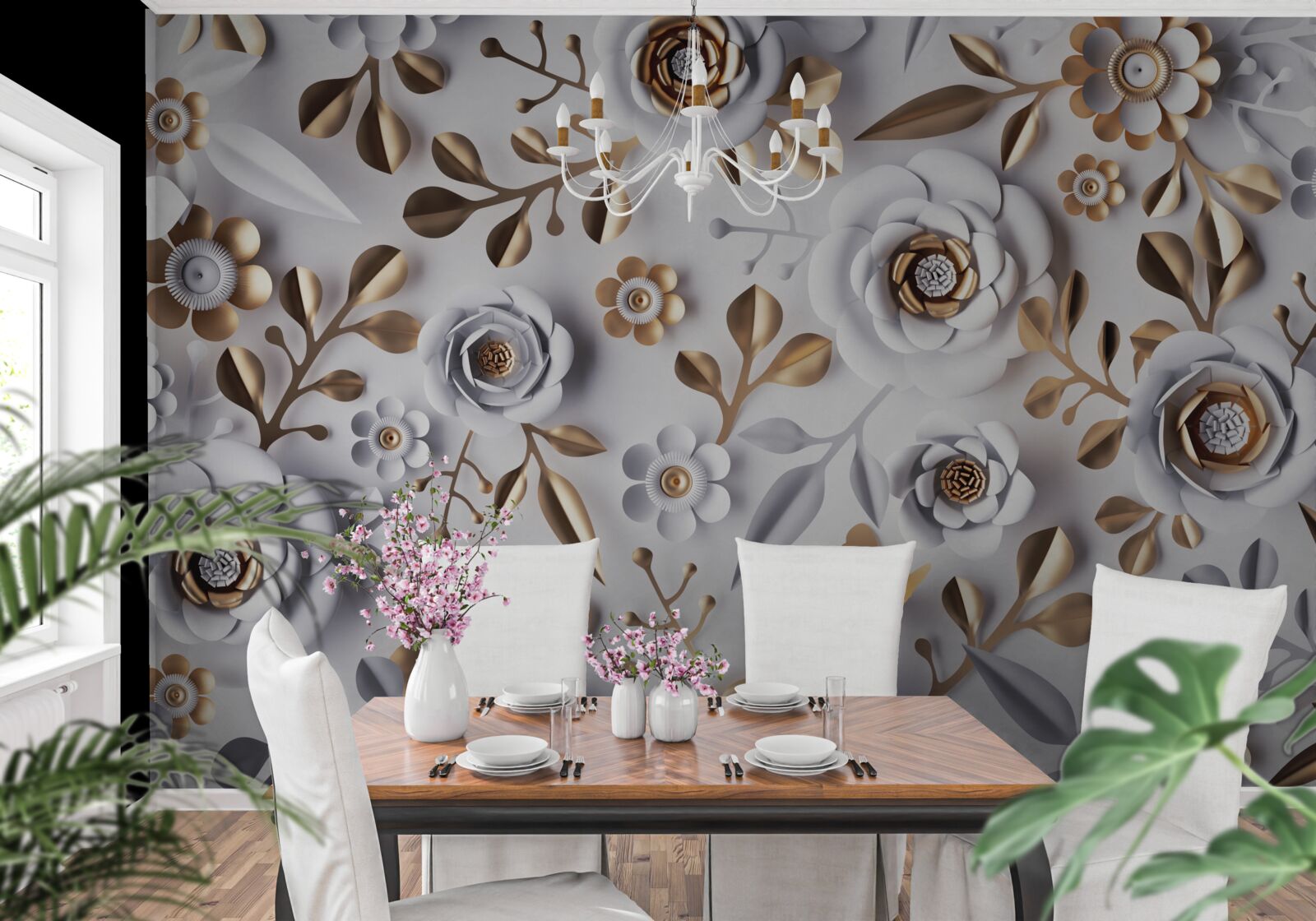 Fotobehang gouden bladeren en witte bloemen