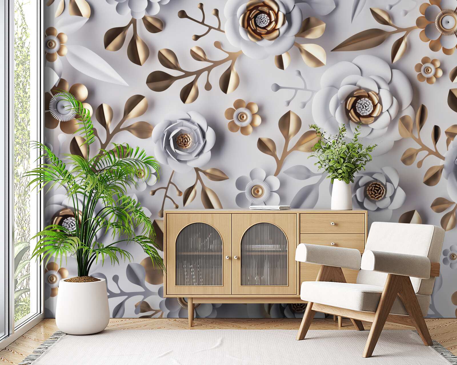 Fotobehang gouden bladeren en witte bloemen