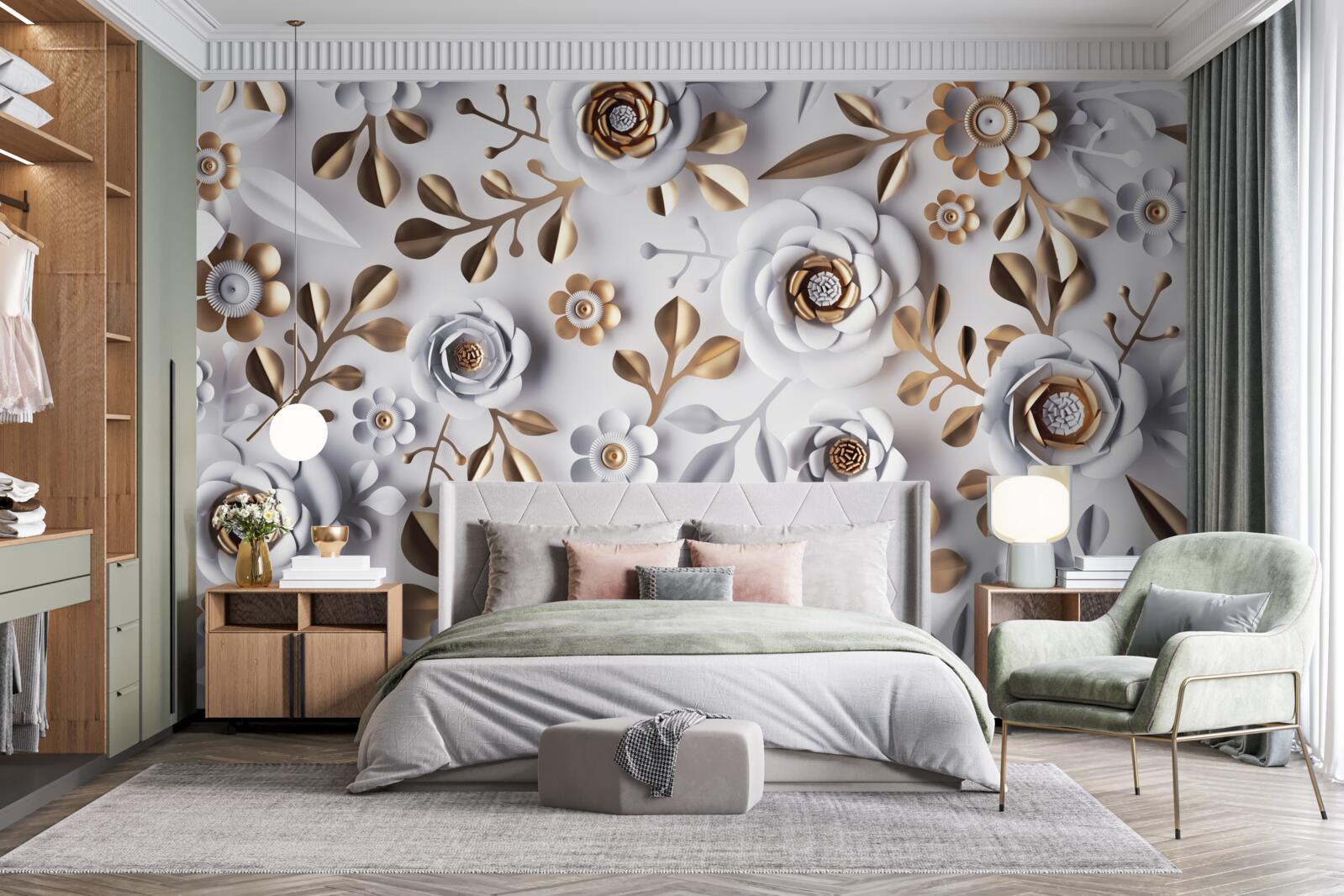 Fotobehang gouden bladeren en witte bloemen