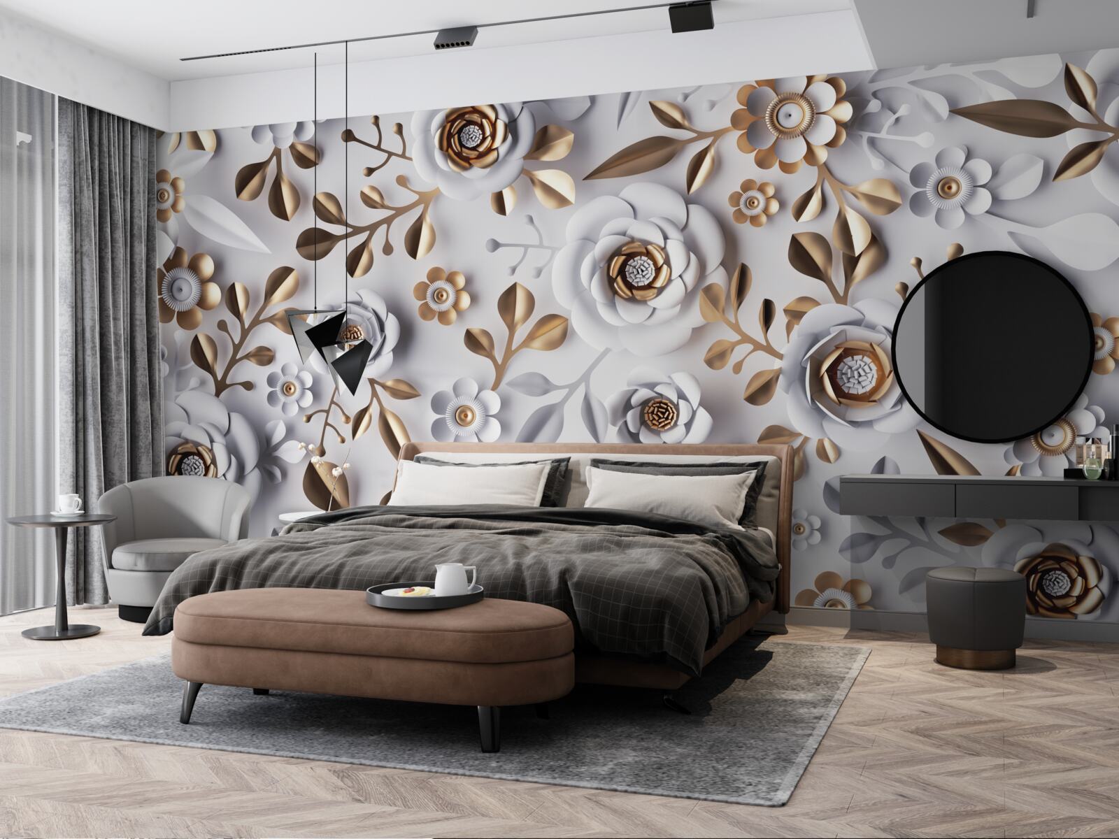 Fotobehang gouden bladeren en witte bloemen