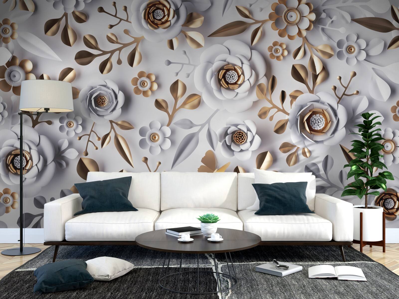 Fotobehang gouden bladeren en witte bloemen