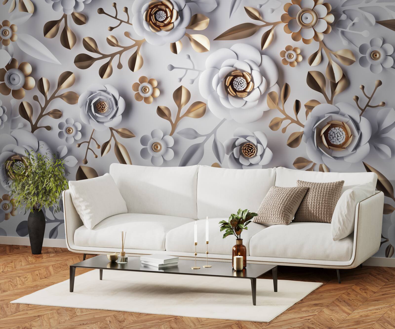 Fotobehang gouden bladeren en witte bloemen