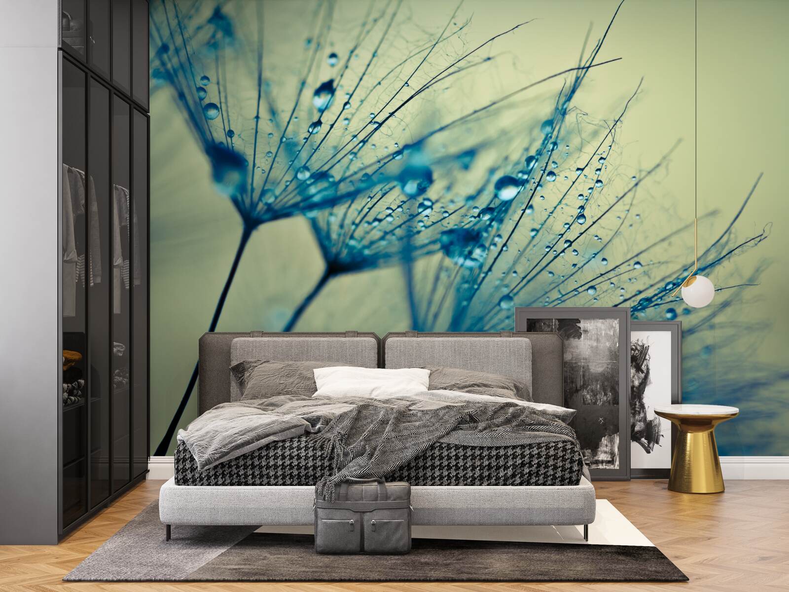 Fotobehang paardenbloem versierd met waterdruppels