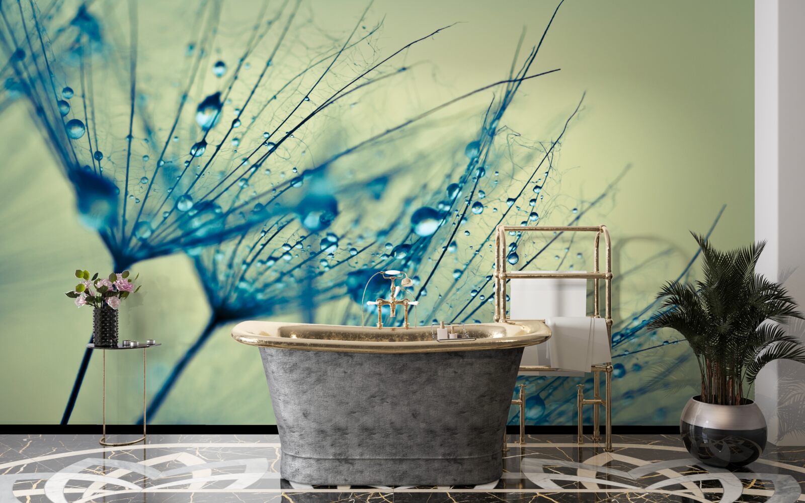 Fotobehang paardenbloem versierd met waterdruppels