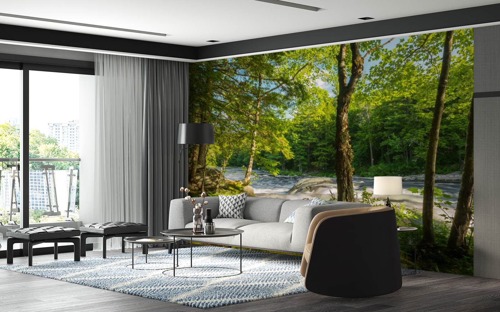 Fotobehang een lawaaierige rivier in de bergen die door een zonnig bos stroomt