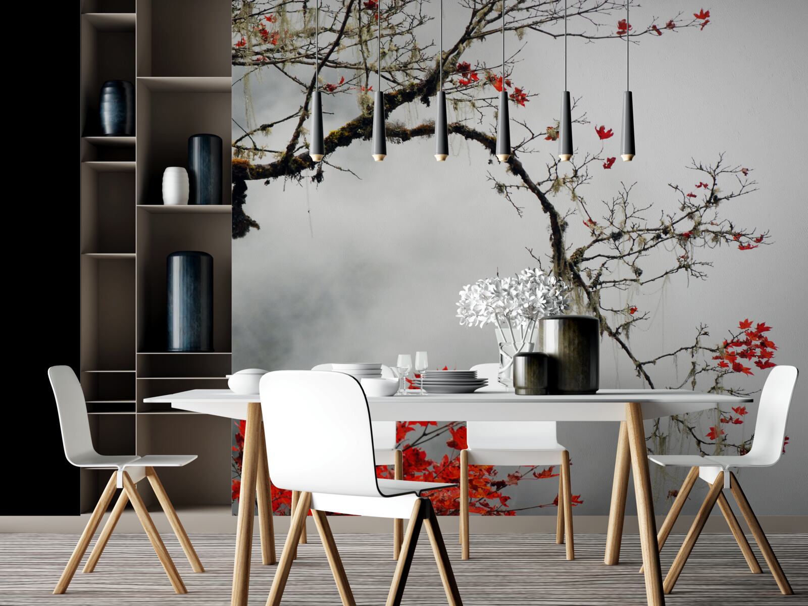 Fotobehang tak met bladeren in de herfstmist