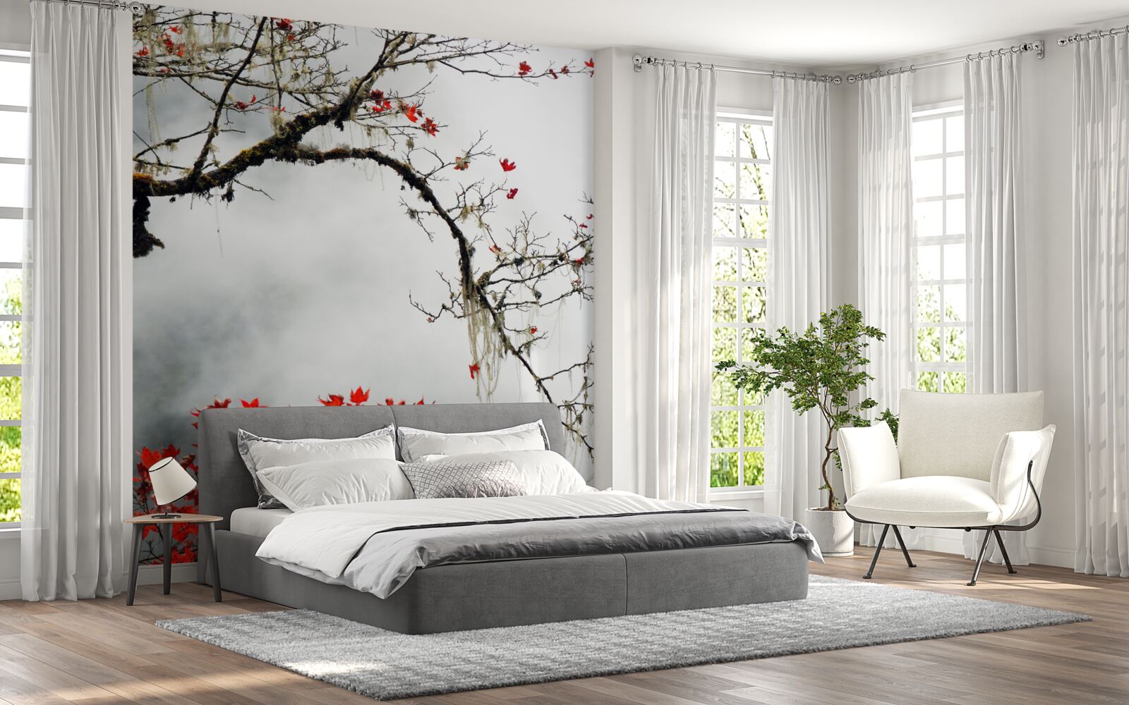 Fotobehang tak met bladeren in de herfstmist