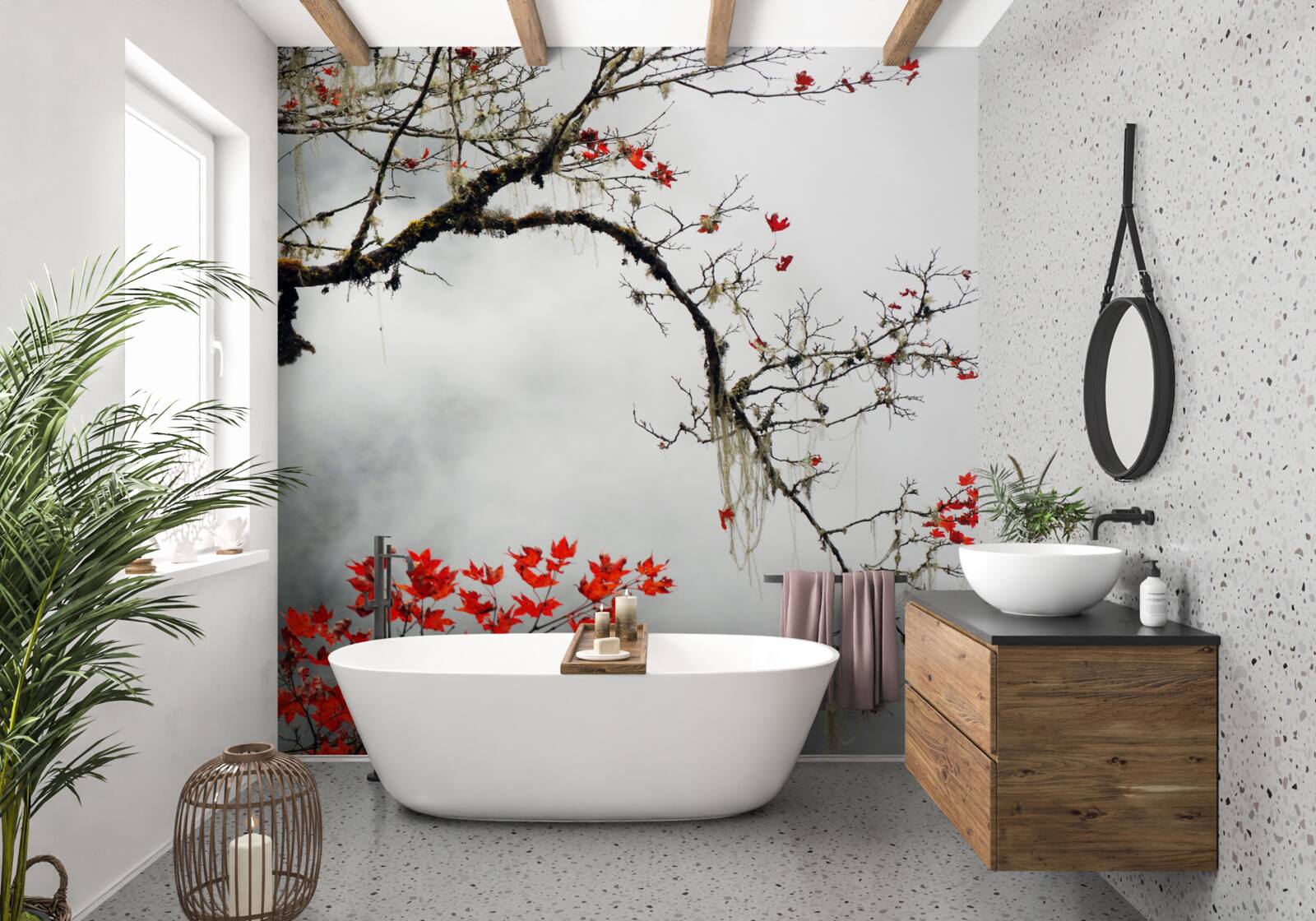 Fotobehang tak met bladeren in de herfstmist