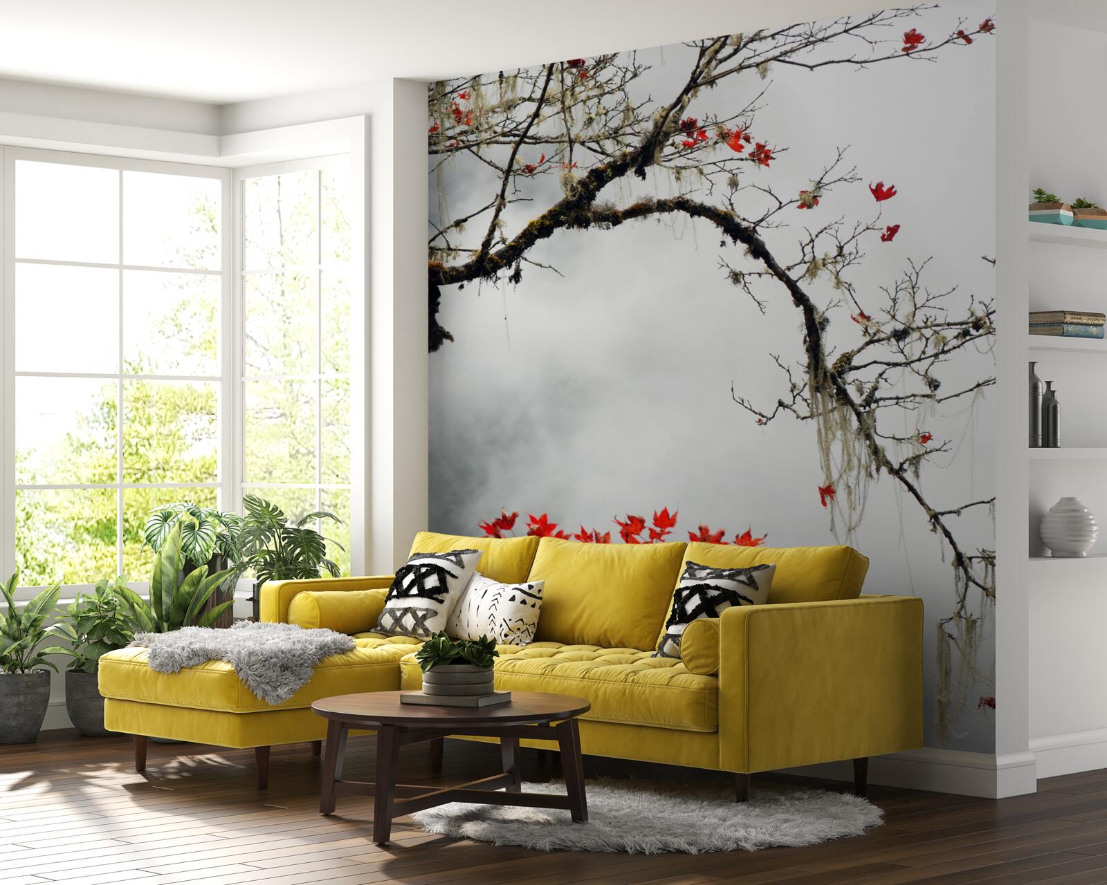 Fotobehang tak met bladeren in de herfstmist