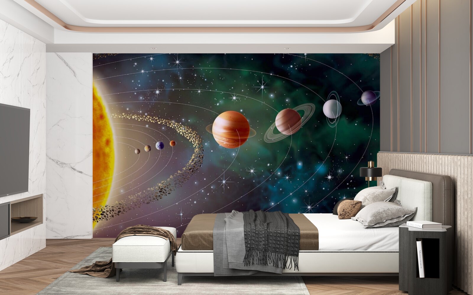 Fotobehang kosmische processie van planeten voor een ster