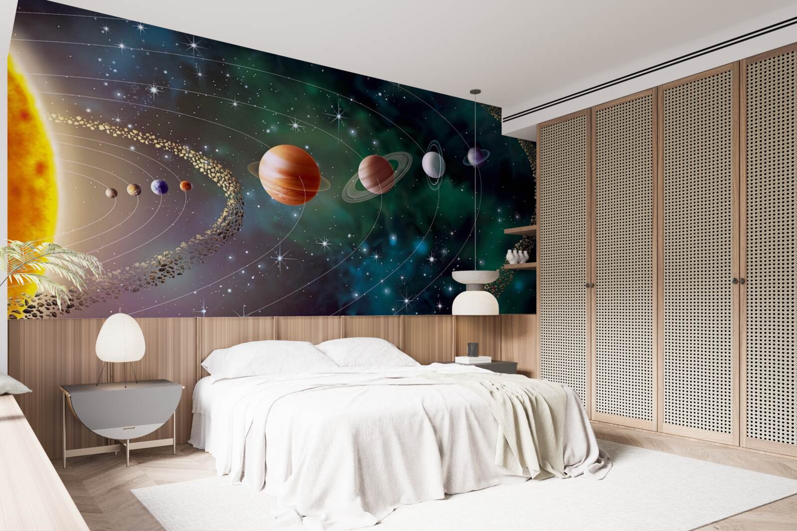 Fotobehang kosmische processie van planeten voor een ster