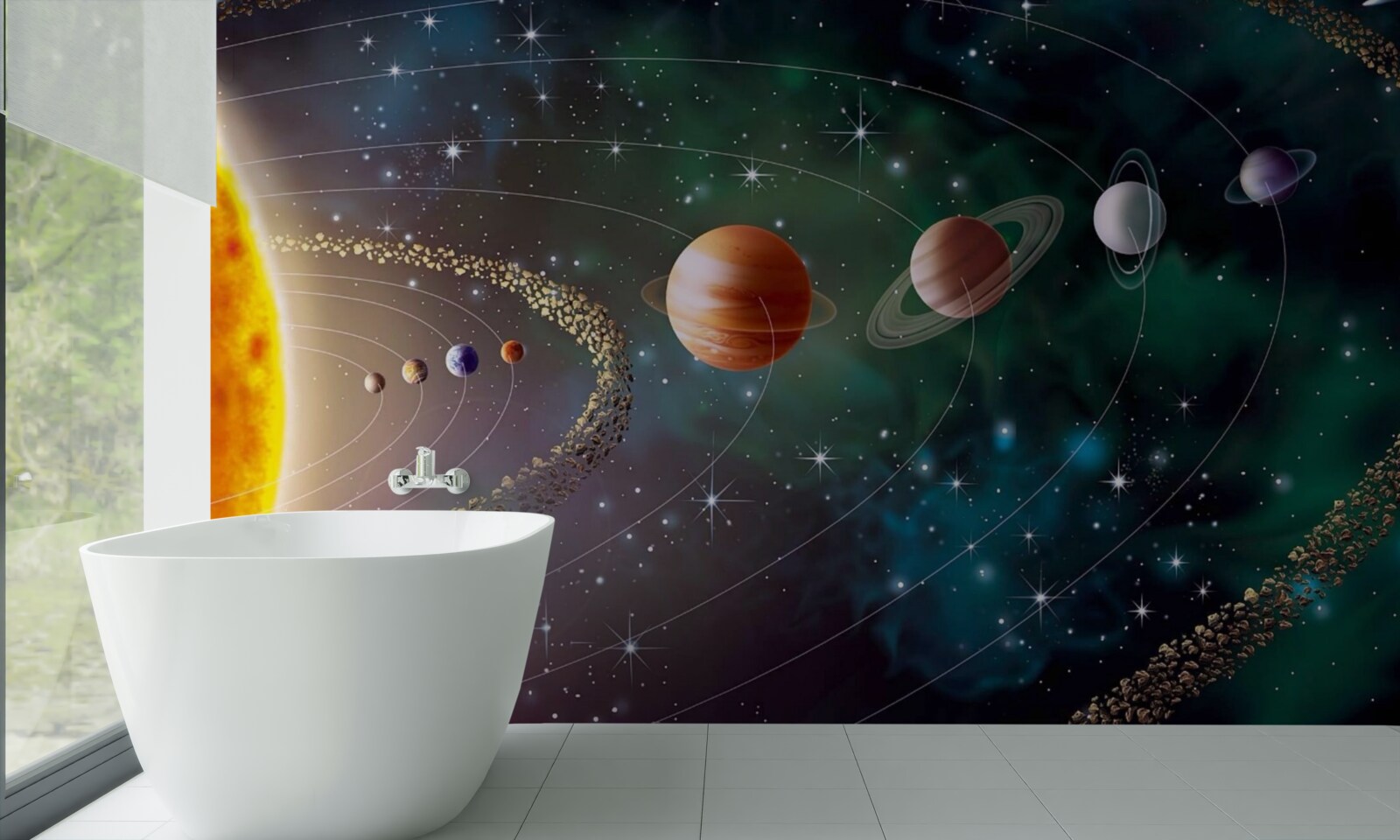 Fotobehang kosmische processie van planeten voor een ster