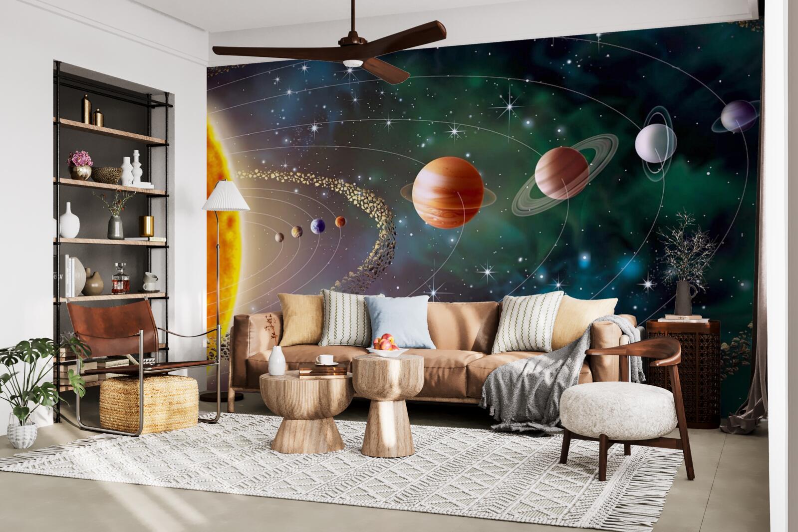 Fotobehang kosmische processie van planeten voor een ster