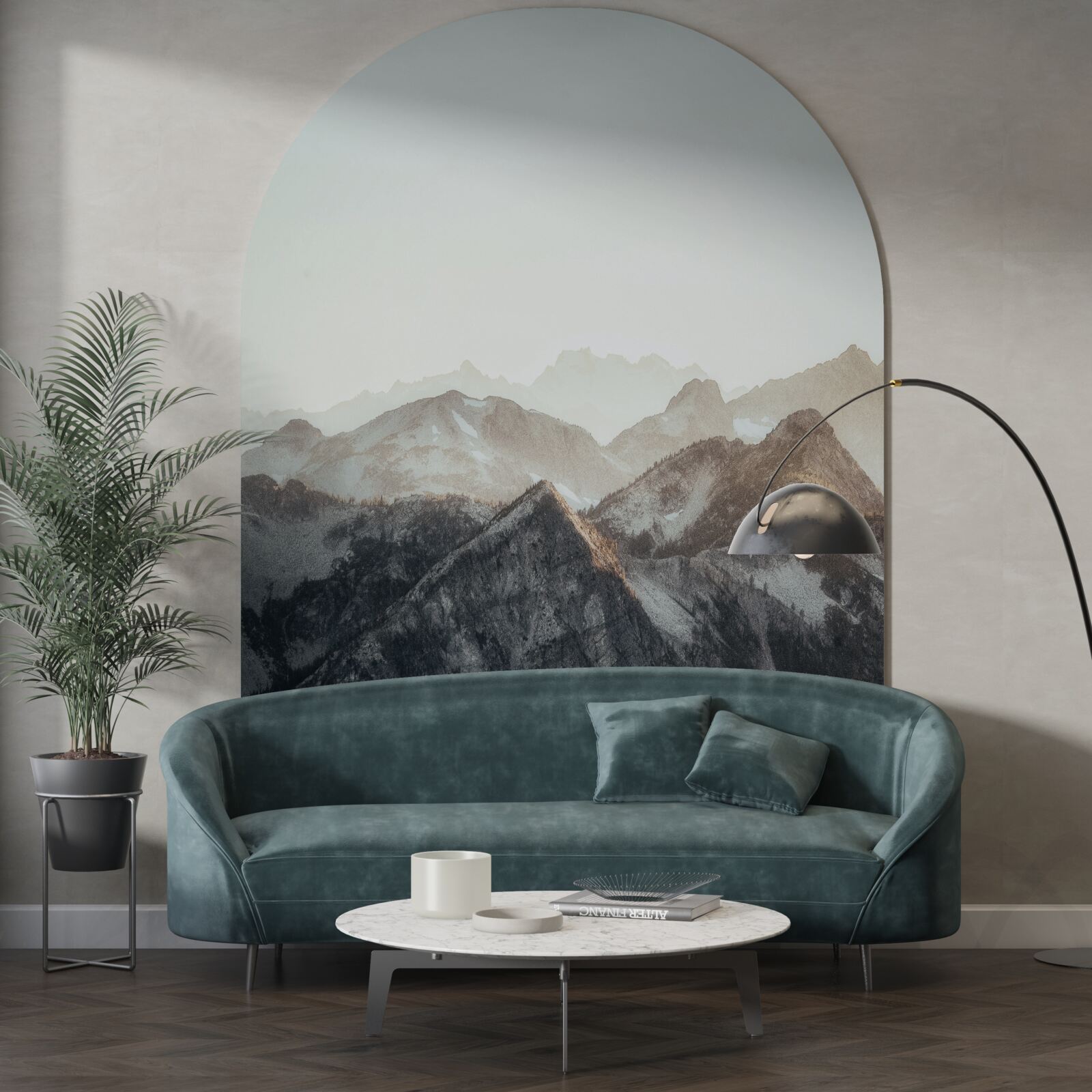 Fotobehang overdag zien de besneeuwde bergtoppen er geestig uit