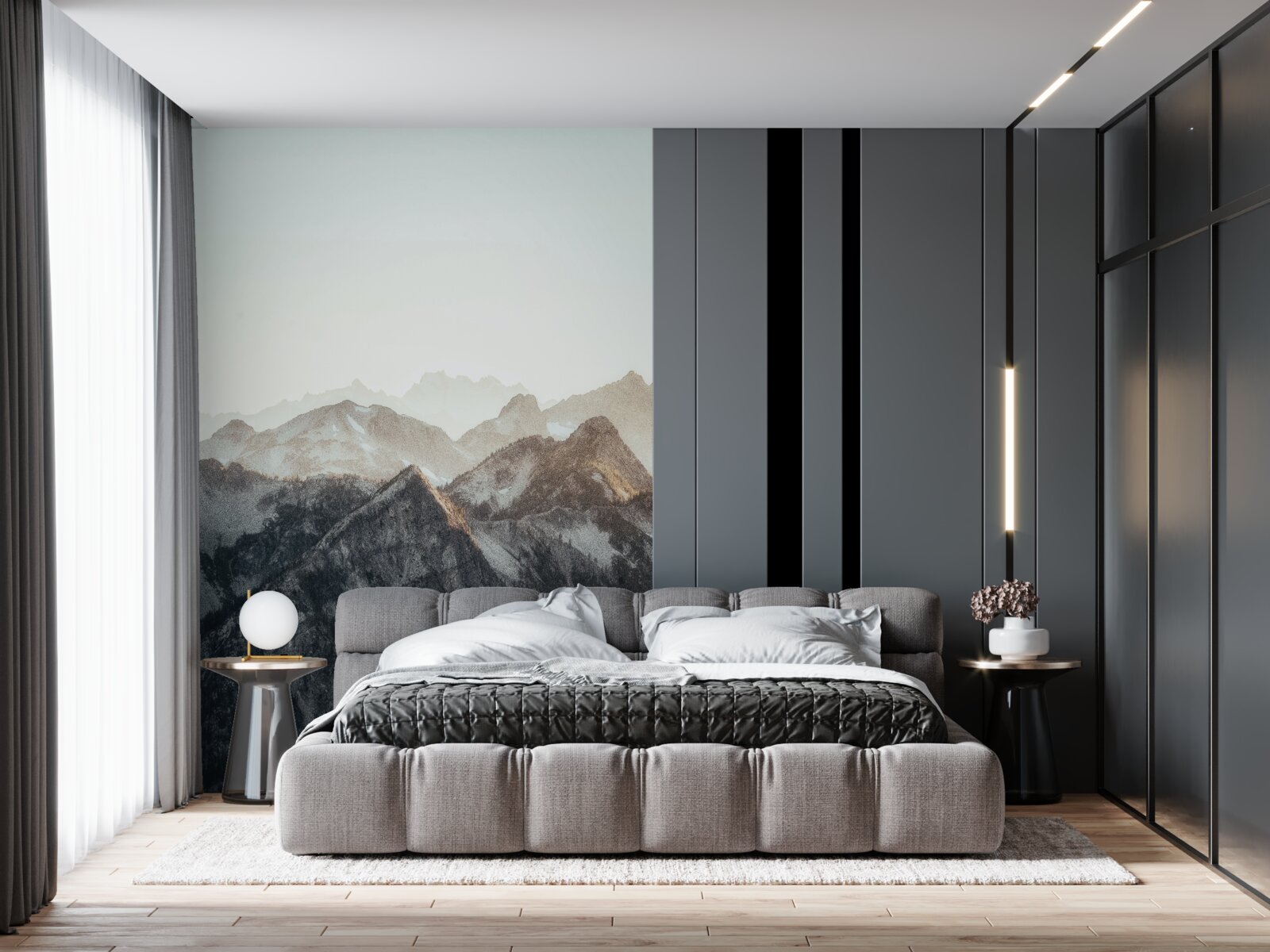 Fotobehang overdag zien de besneeuwde bergtoppen er geestig uit