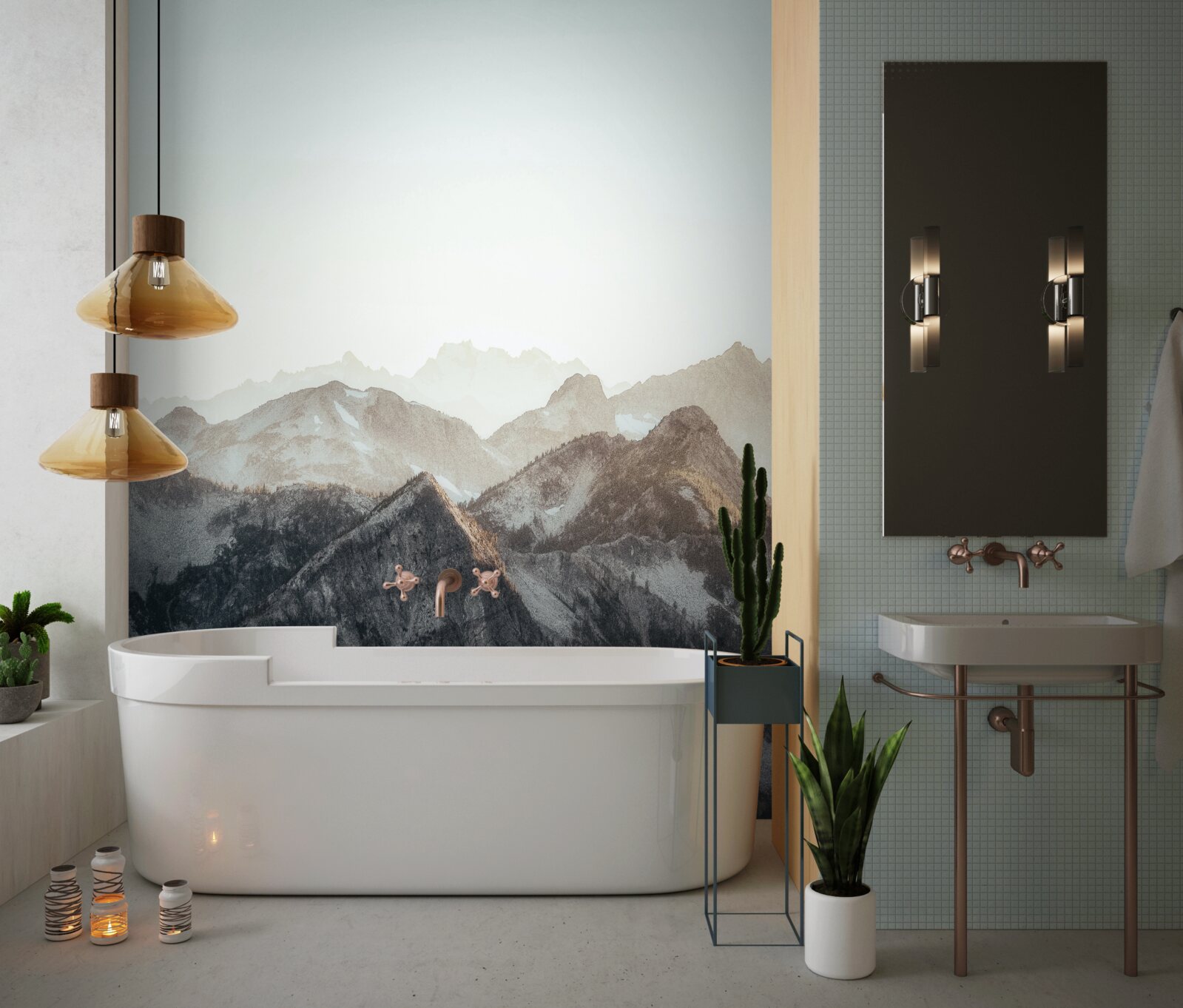 Fotobehang overdag zien de besneeuwde bergtoppen er geestig uit