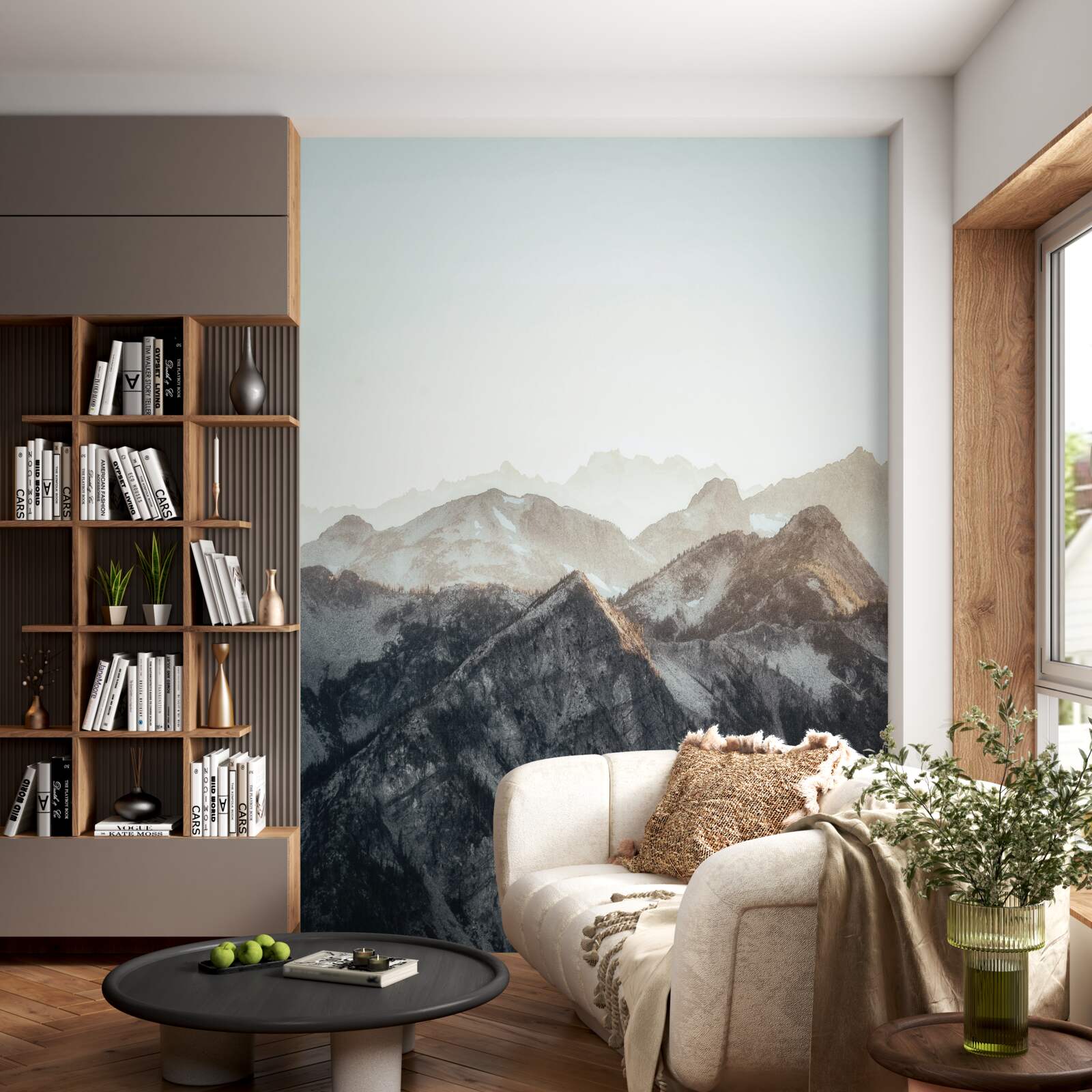 Fotobehang overdag zien de besneeuwde bergtoppen er geestig uit