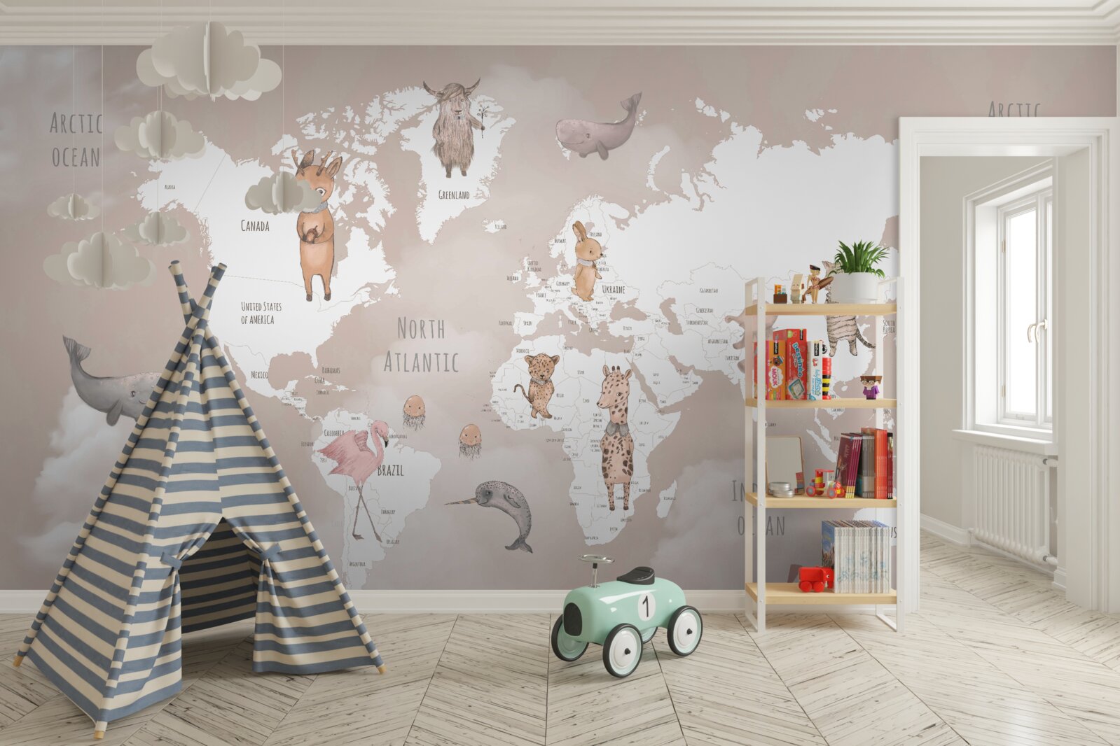 Fotobehang wereldkaart met afbeeldingen van dieren en vliegtuigen