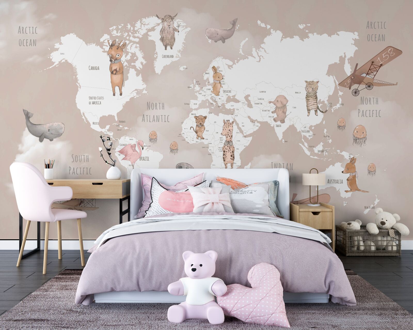 Fotobehang wereldkaart met afbeeldingen van dieren en vliegtuigen