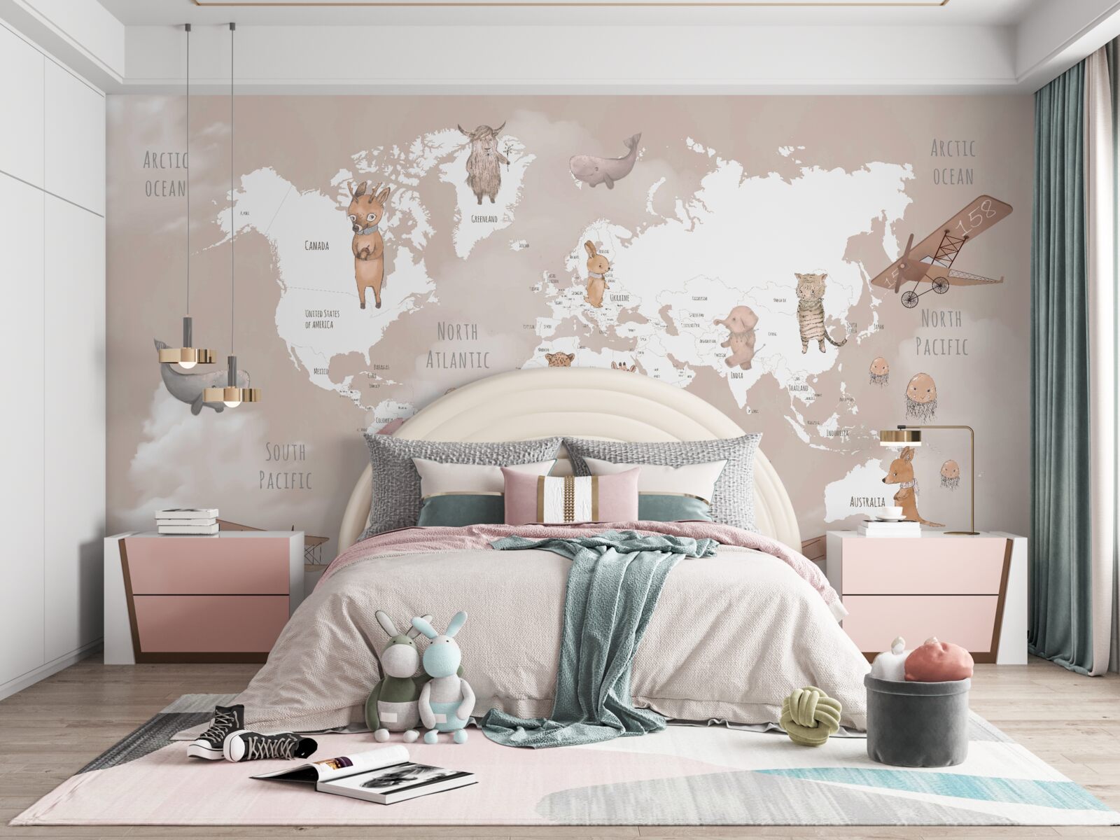 Fotobehang wereldkaart met afbeeldingen van dieren en vliegtuigen