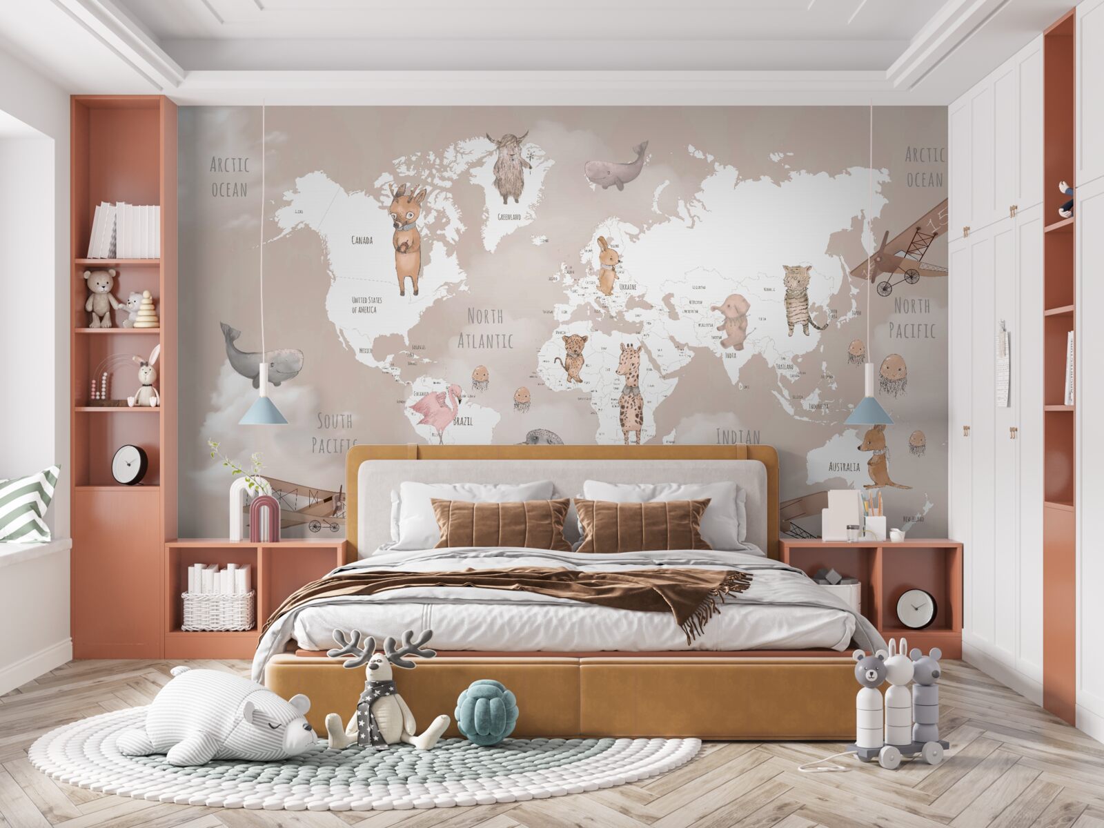 Fotobehang wereldkaart met afbeeldingen van dieren en vliegtuigen