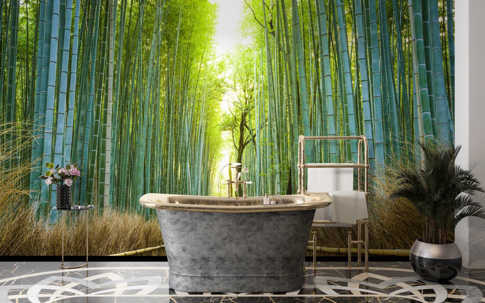 Fotobehang Pad door een dicht bamboestruikgewas