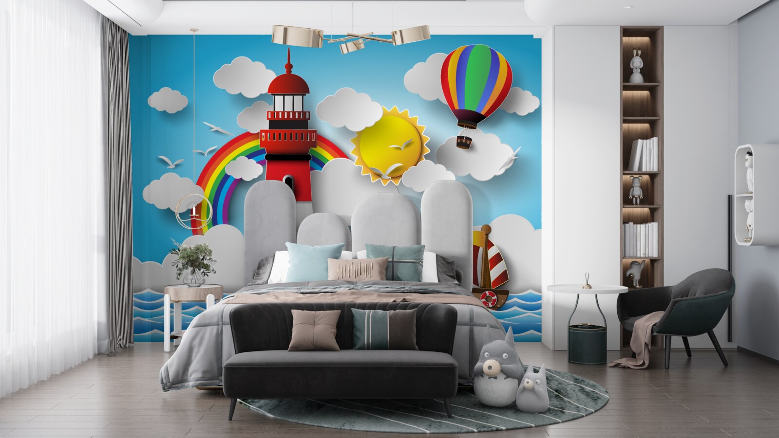 Fotobehang een heldere vuurtoren verlicht de jachten die in de buurt varen