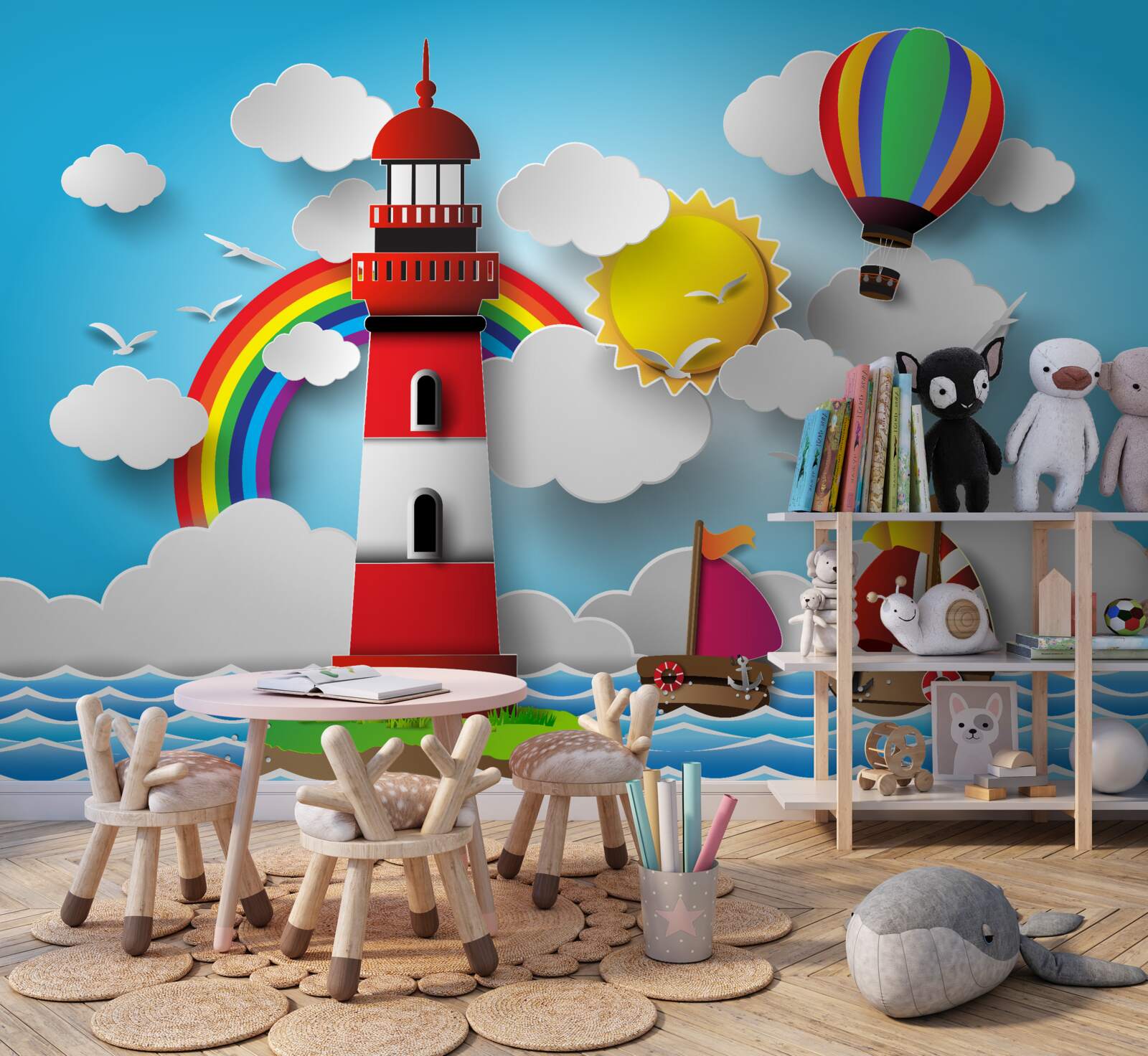 Fotobehang een heldere vuurtoren verlicht de jachten die in de buurt varen