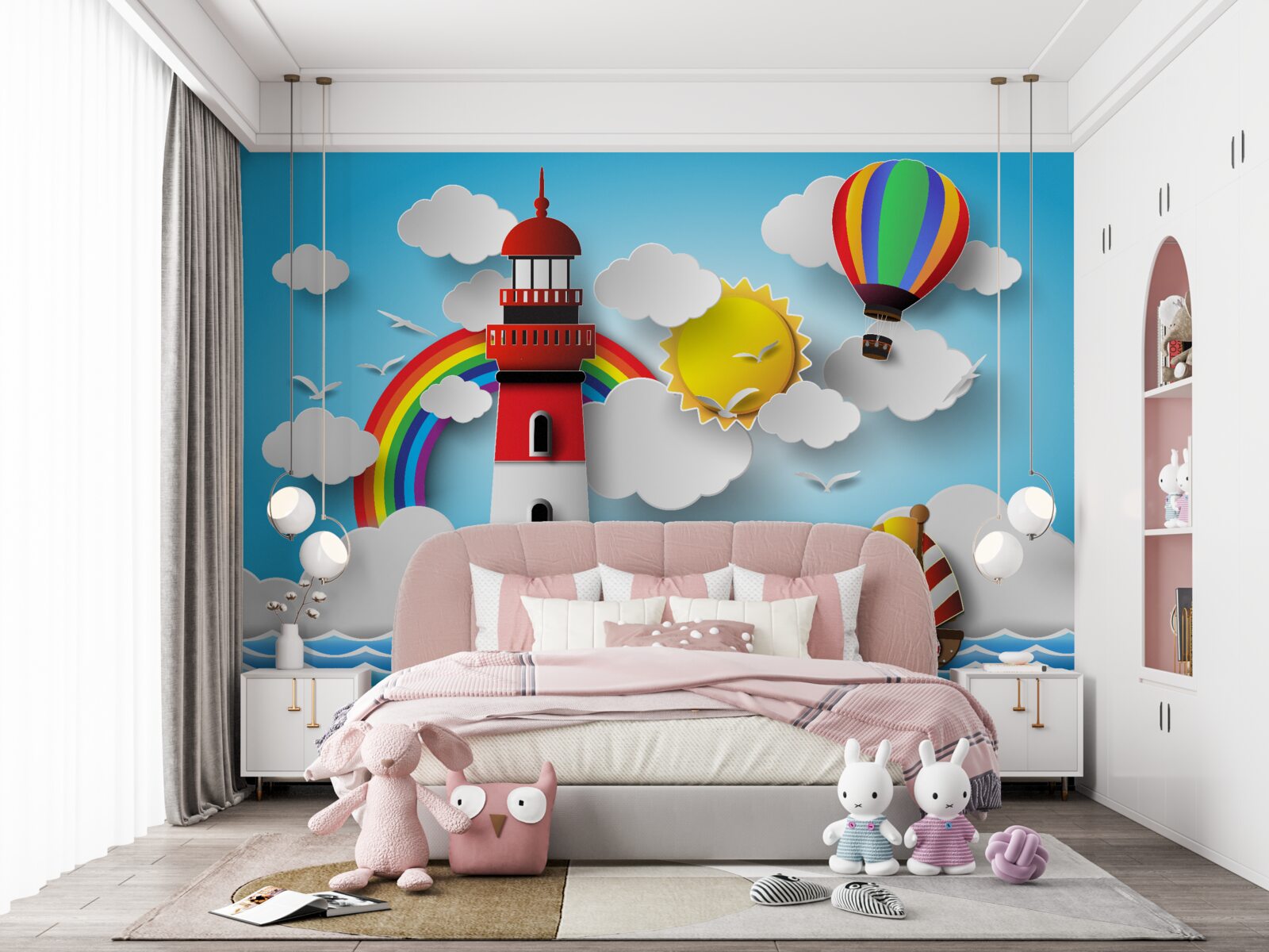 Fotobehang een heldere vuurtoren verlicht de jachten die in de buurt varen