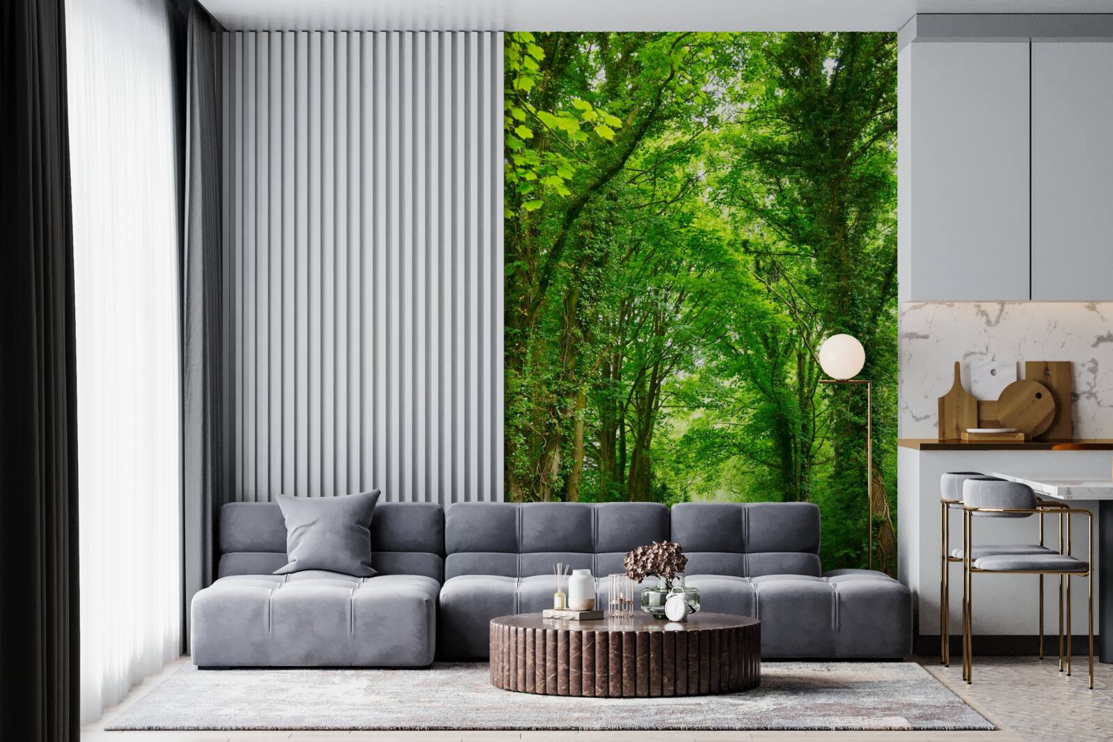 Fotobehang bogen van groene bomen steken boven het pad uit