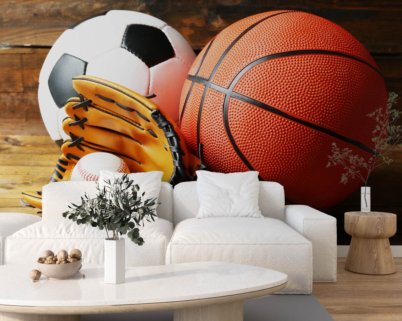 Fotobehang voetbal-, basketbal- en tennisballen