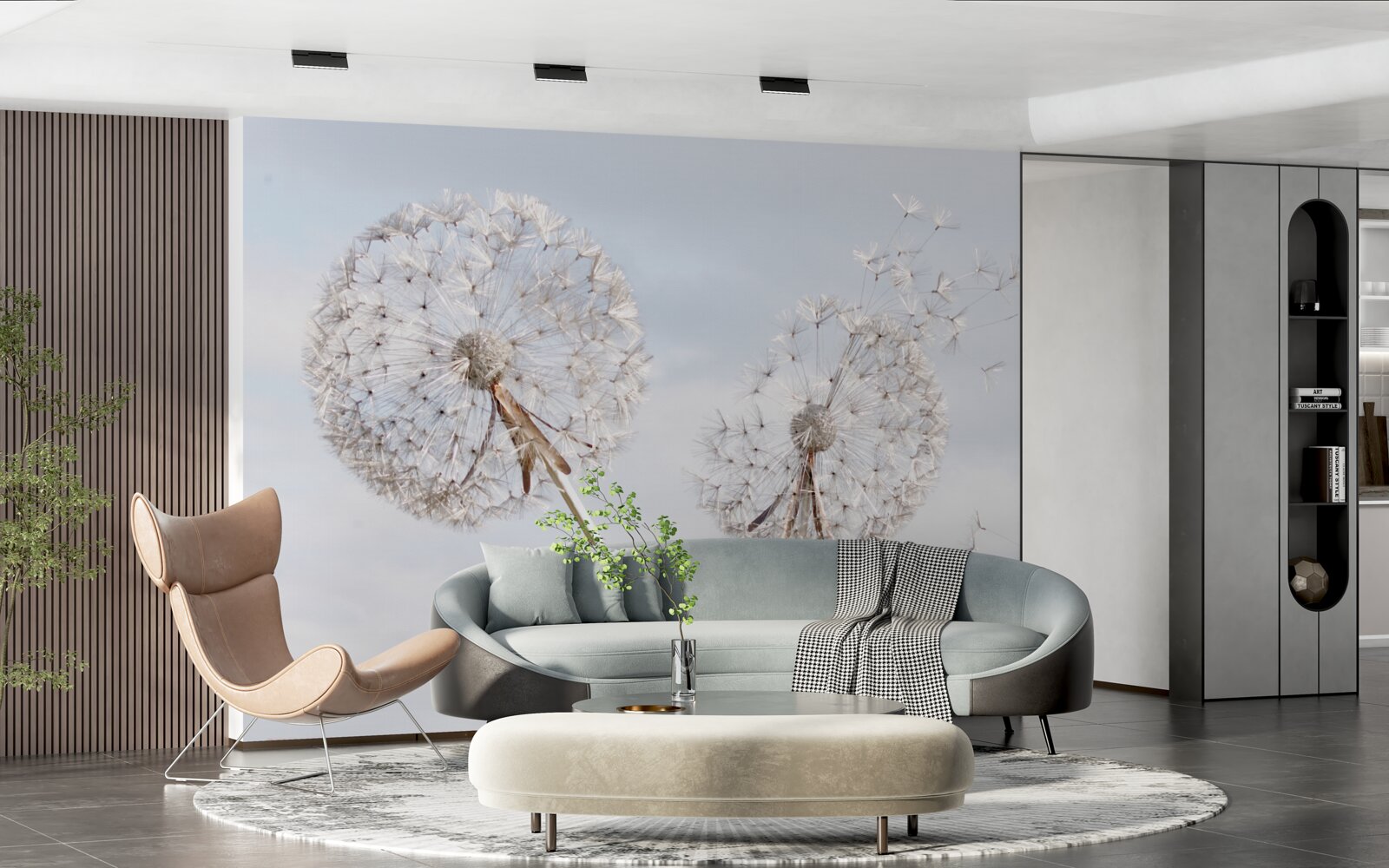 Fotobehang de wind blaast de paardenbloemen weg