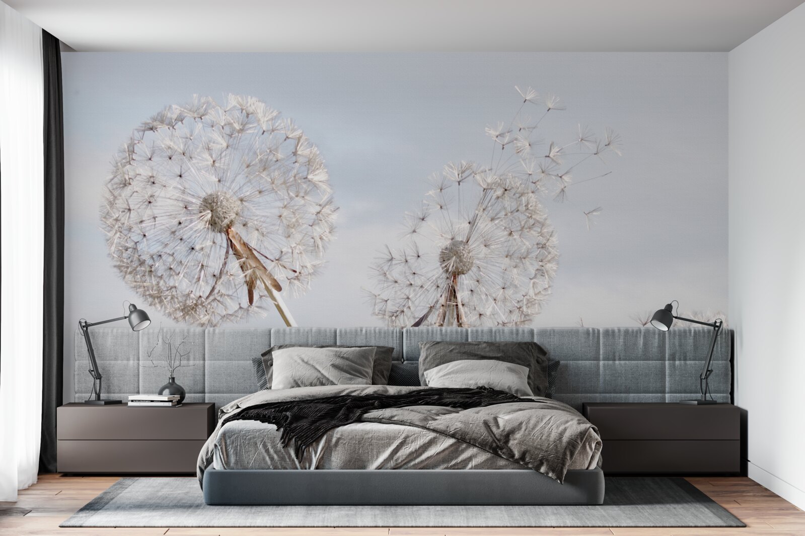 Fotobehang de wind blaast de paardenbloemen weg