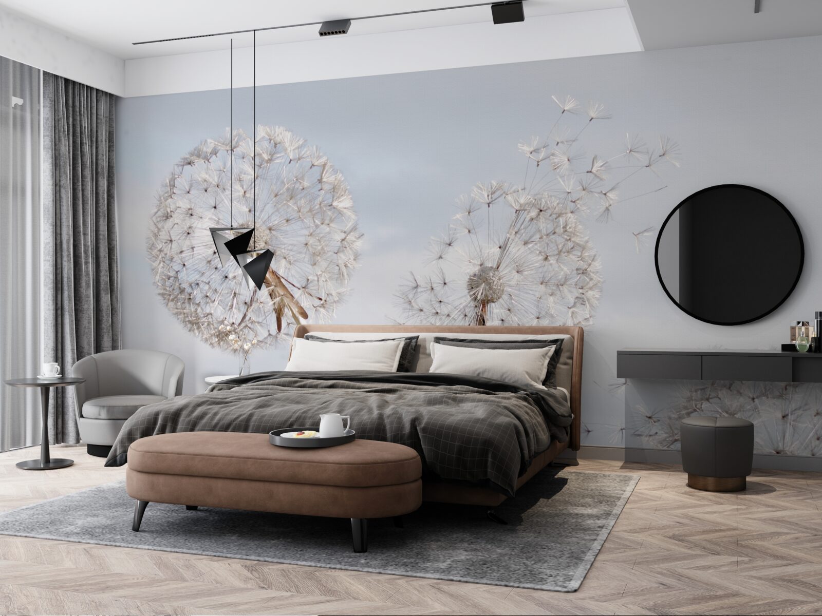 Fotobehang de wind blaast de paardenbloemen weg