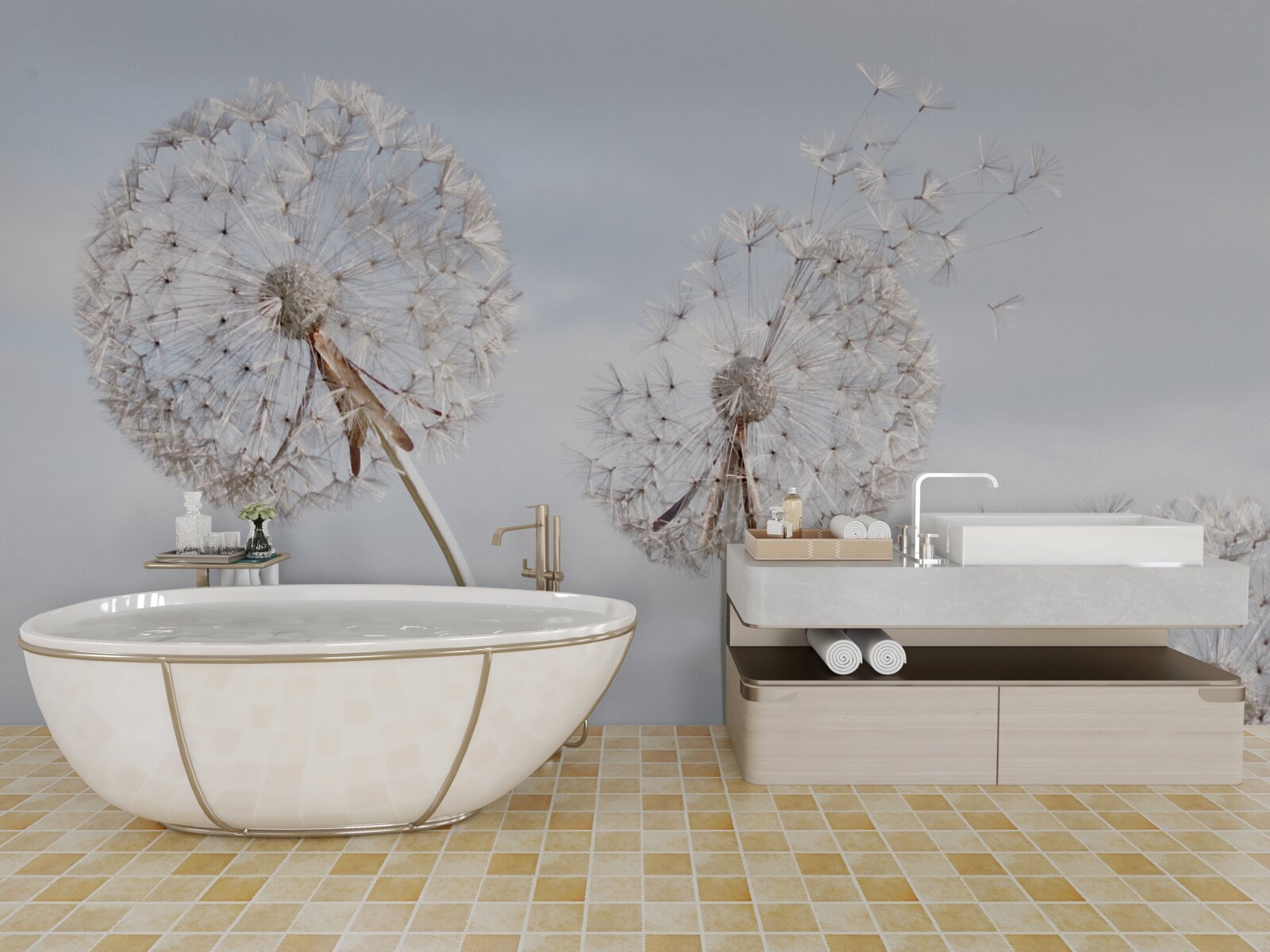 Fotobehang de wind blaast de paardenbloemen weg