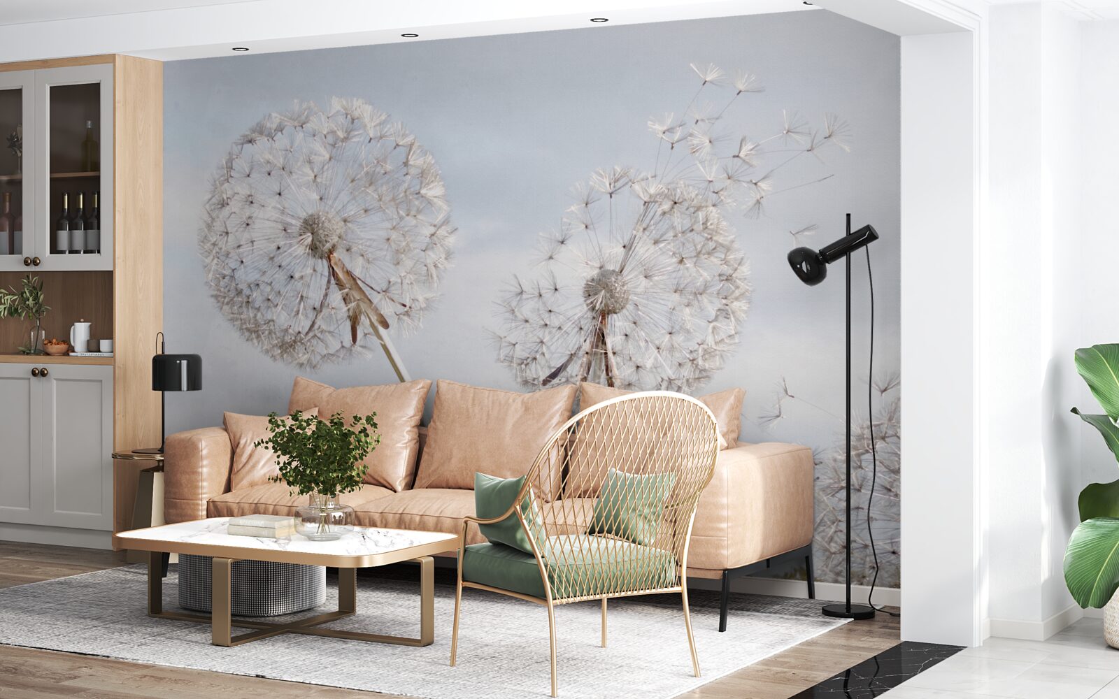 Fotobehang de wind blaast de paardenbloemen weg